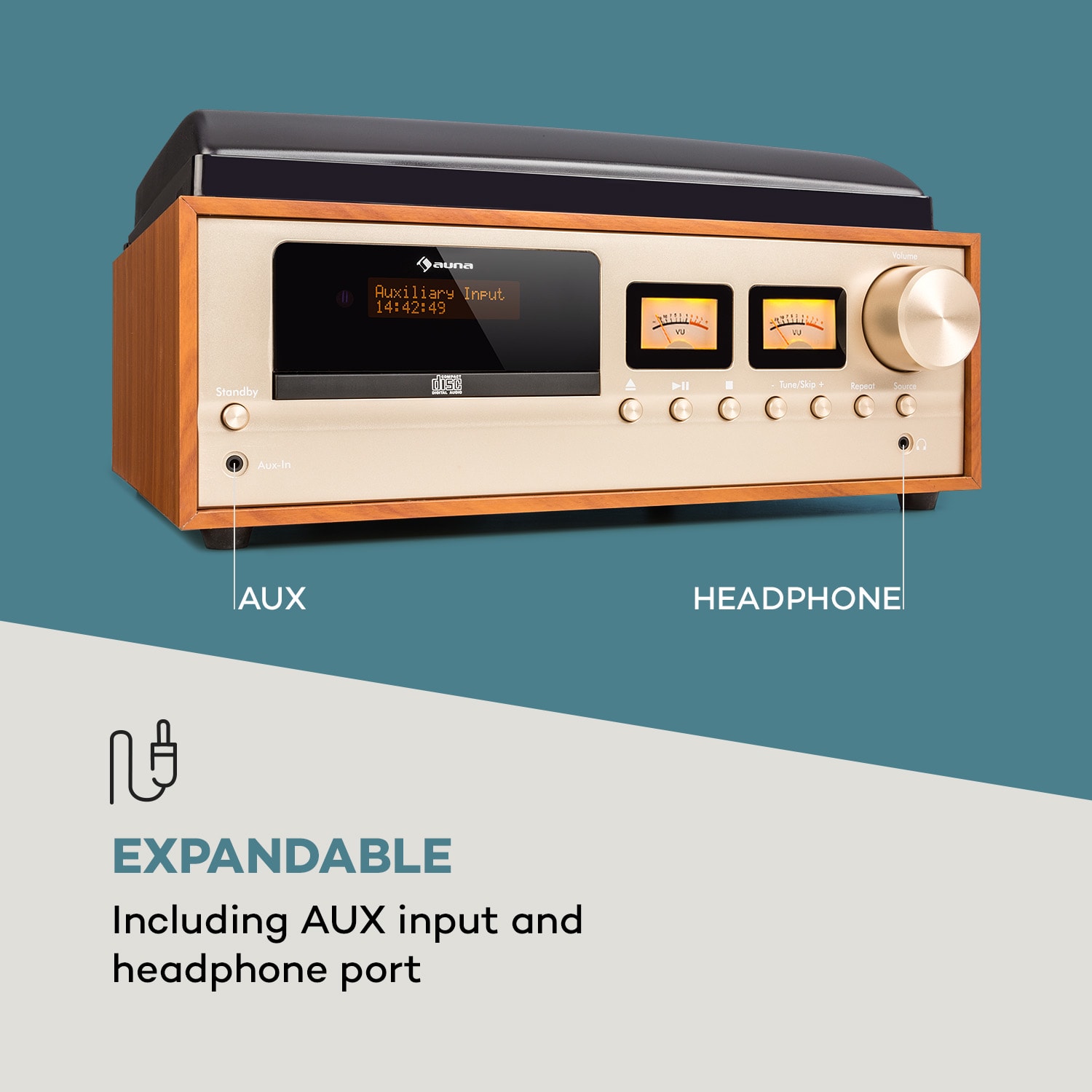Auna Oxford, retro stereo systém, DAB+/FM rádio, BT funkcia, vinyl, CD, AUX, champagne – Obrázok 4