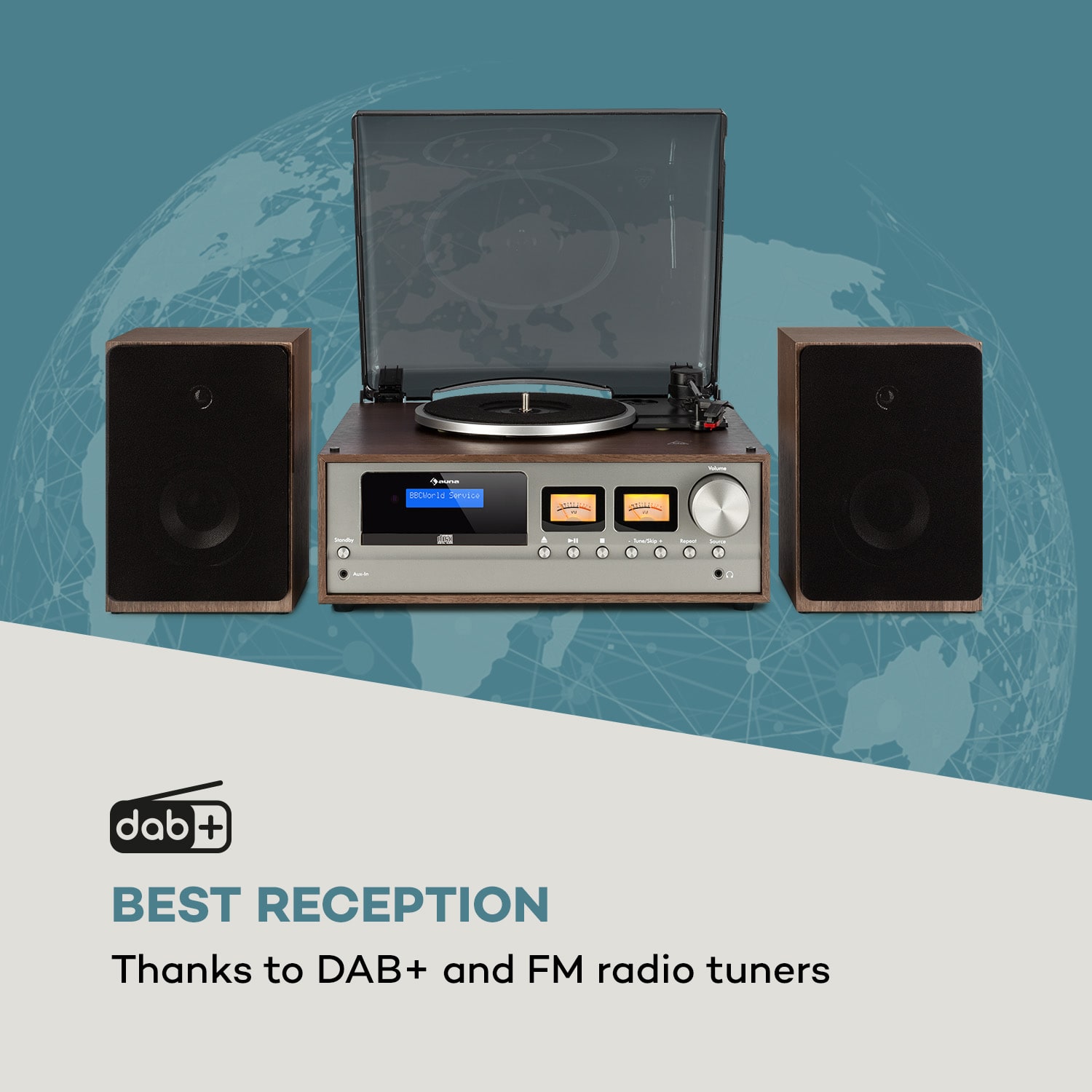 Auna Oxford, retro stereo systém, DAB+/FM rádio, BT funkcia, vinyl, CD, AUX, tmavosivý – Obrázok 2
