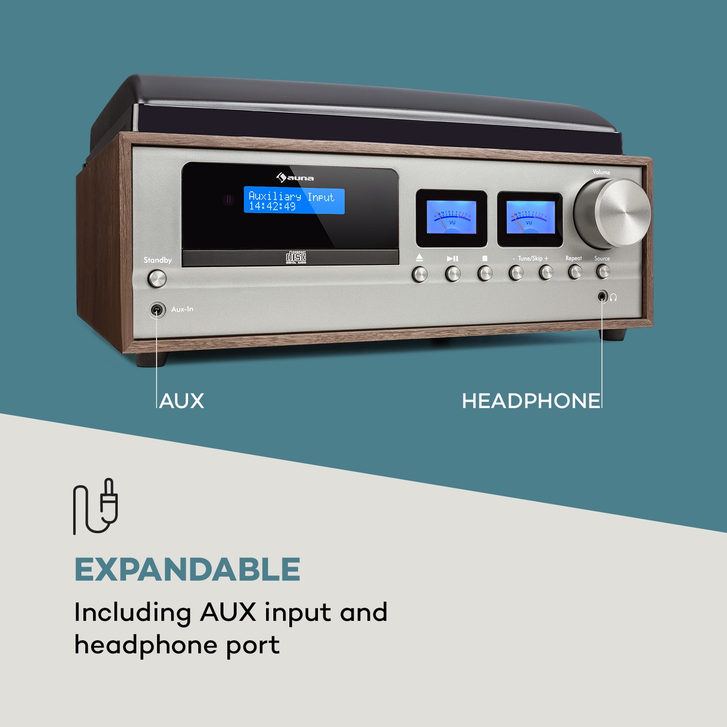 Auna Oxford, retro stereo systém, DAB+/FM rádio, BT funkcia, vinyl, CD, AUX, tmavosivý – Obrázok 4