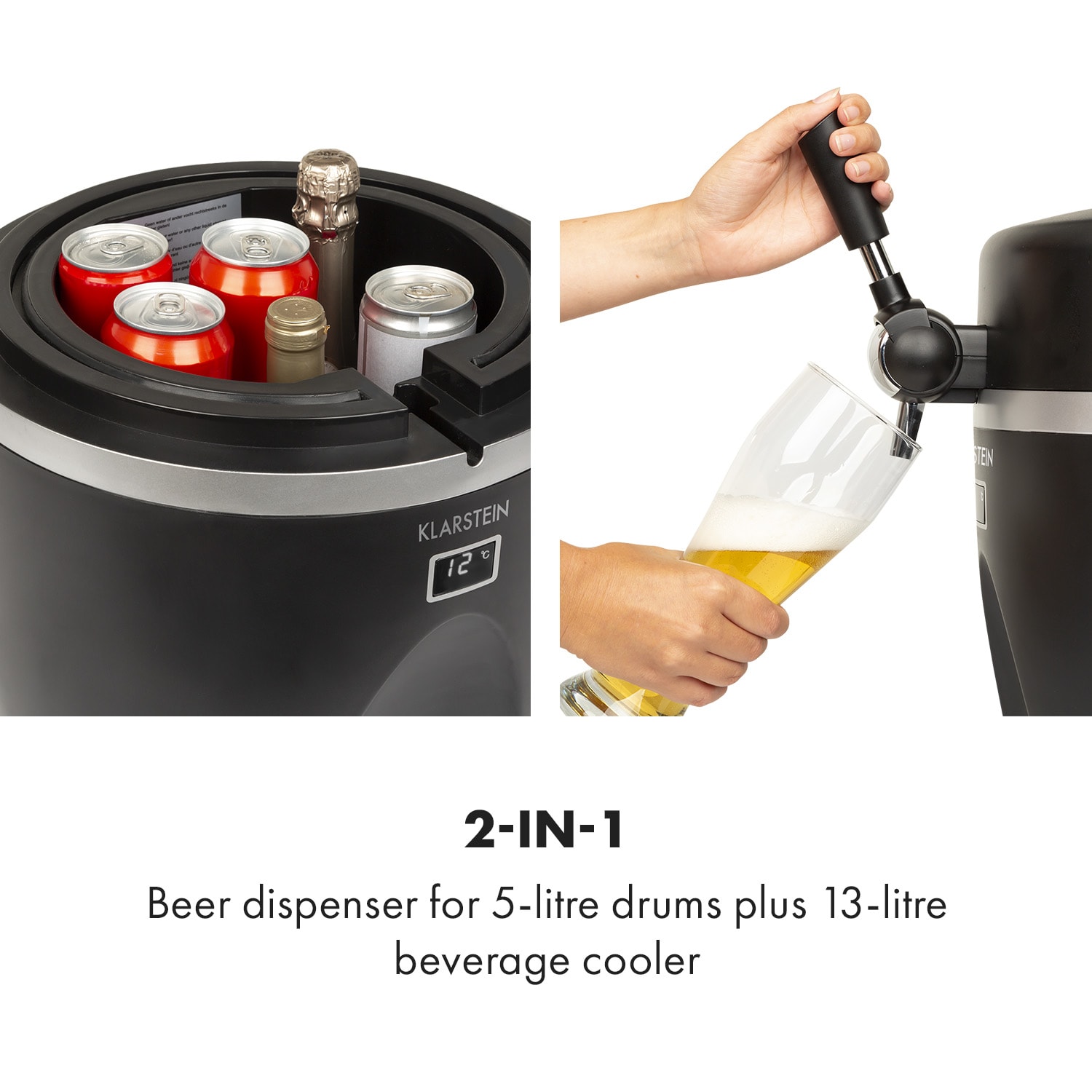 Klarstein Tap2Go, mobilné čapovacie zariadenie 2 v 1, s chladničkou na nápoje, 5 l/13 l, čierne – Obrázok 2