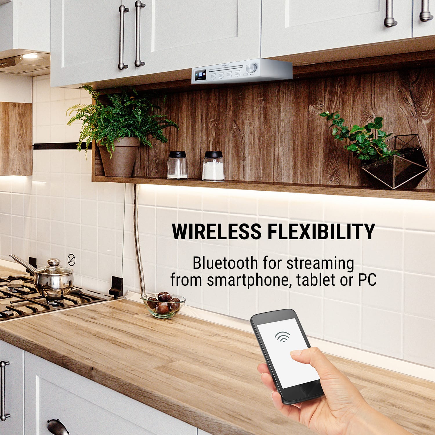 OneConcept Streamo Chef, kuchynské rádio, CD prehrávač, BT, 2,4" HCC displej, biele – Obrázok 3