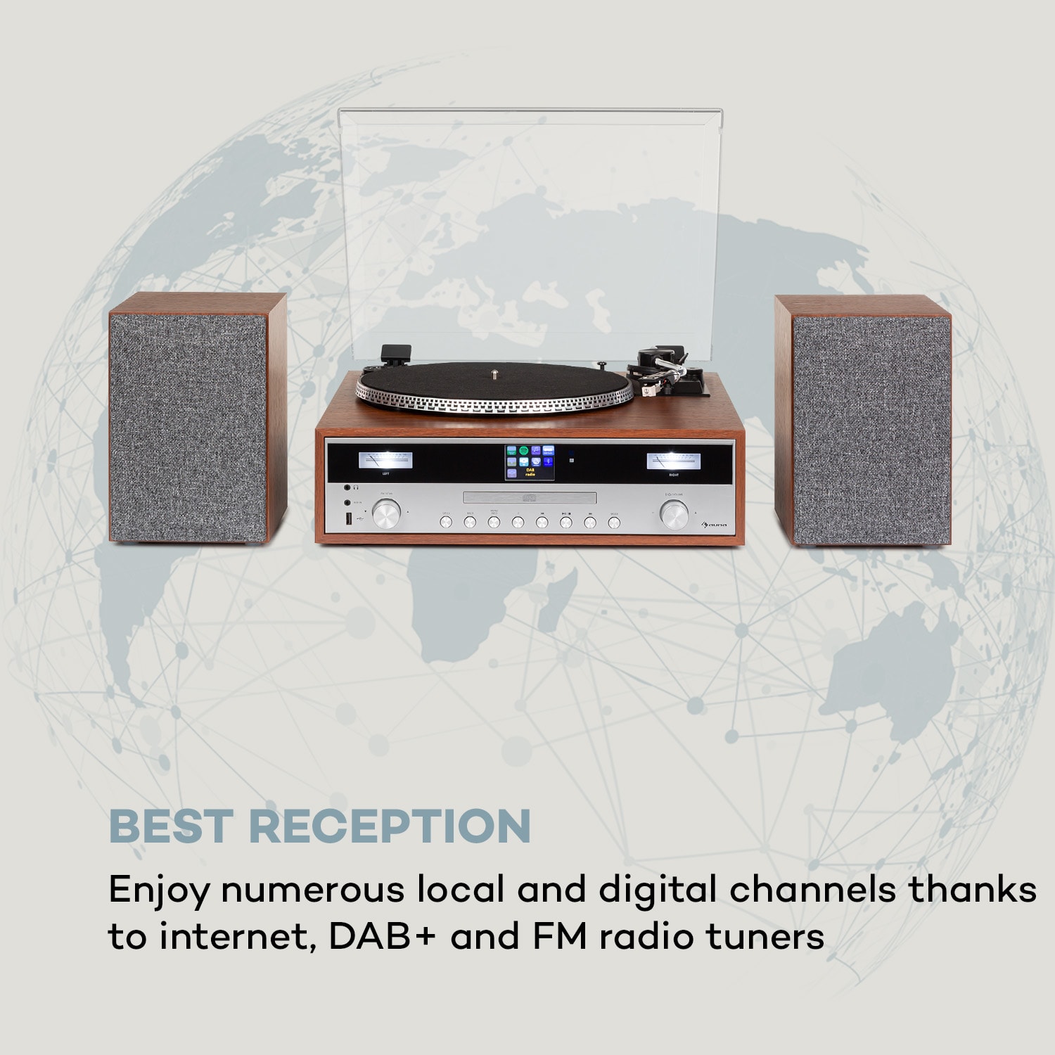 Auna Birmingham, HiFi stereo systém, DAB+/FM, BT funkcia, vinyl, CD, USB, AUX vstup, drevo – Obrázok 2