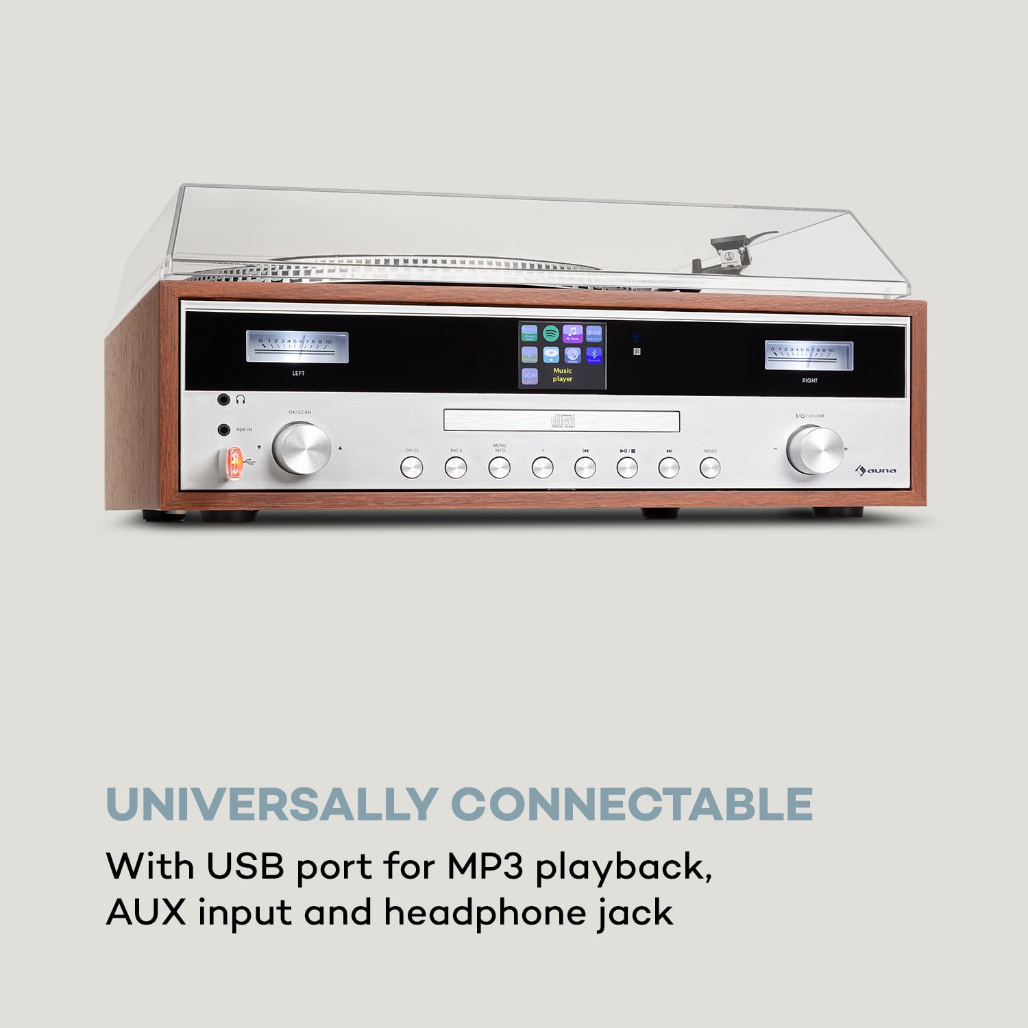 Auna Birmingham, HiFi stereo systém, DAB+/FM, BT funkcia, vinyl, CD, USB, AUX vstup, drevo – Obrázok 4