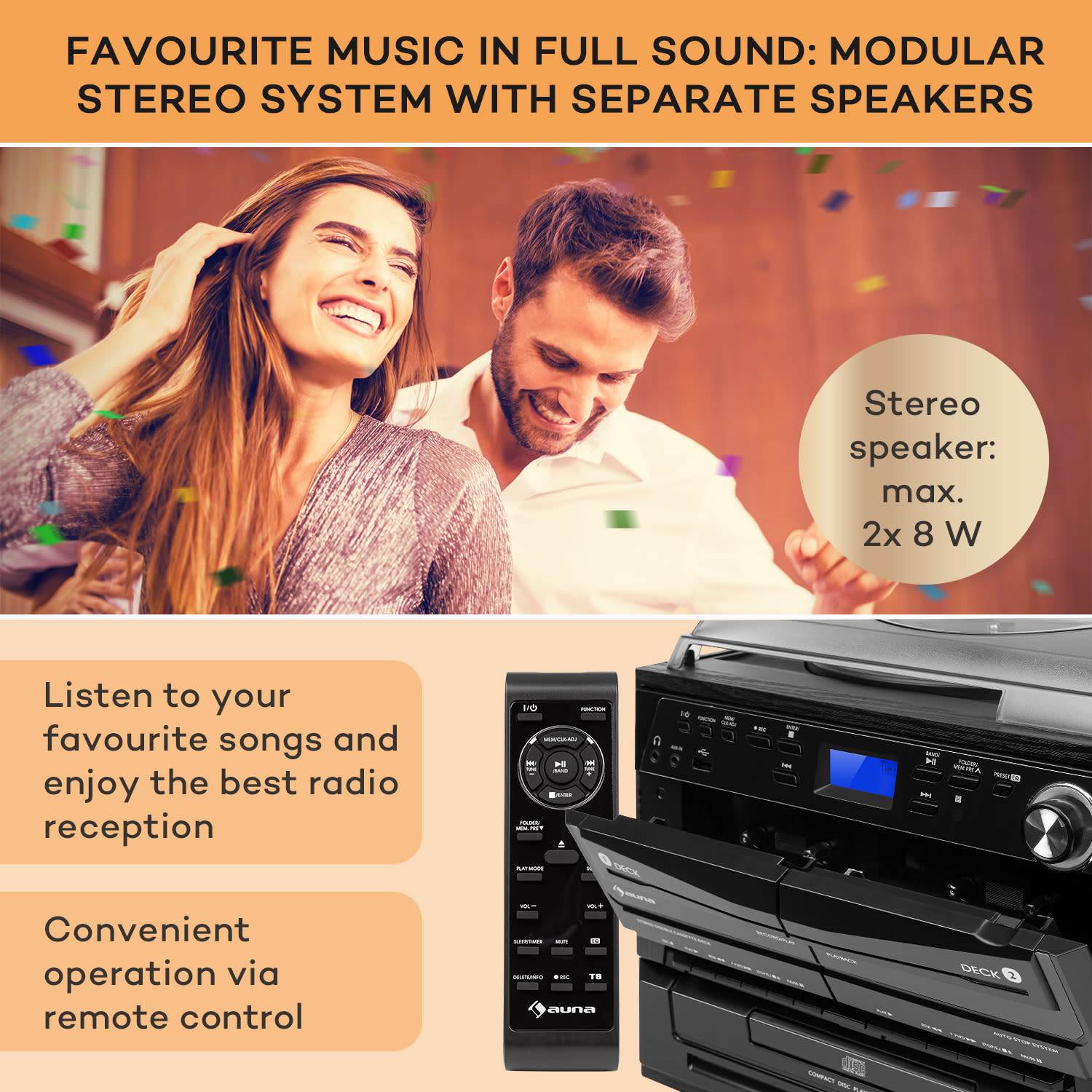 Auna 388-DAB+, stereo systém, 20 W max., platne, CD, kazety, BT, FM/DAB+, USB, čierny – Obrázok 2