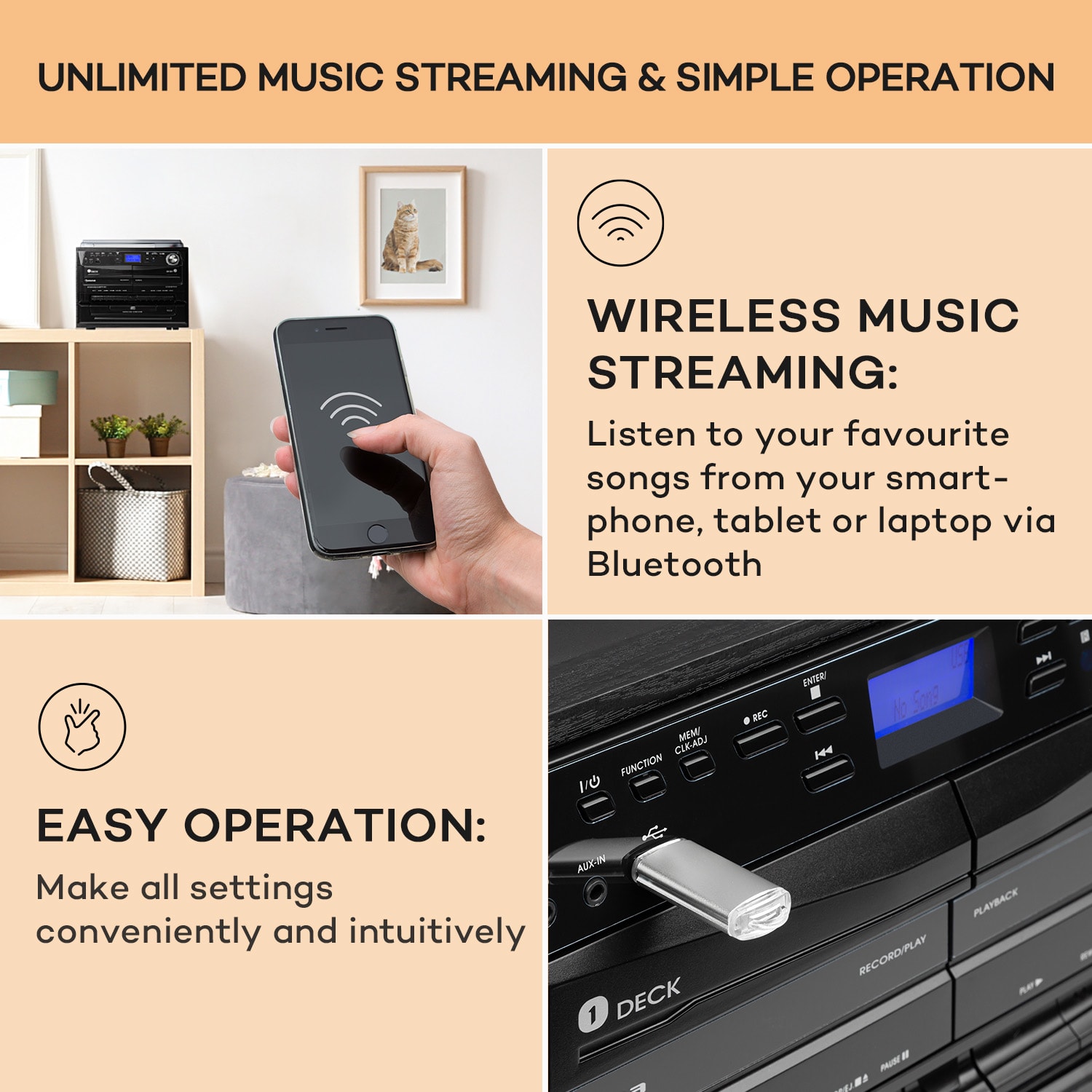 Auna 388-DAB+, stereo systém, 20 W max., platne, CD, kazety, BT, FM/DAB+, USB, čierny – Obrázok 4