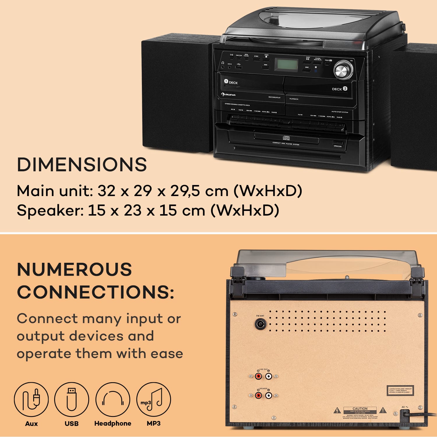 Auna 388-DAB+, stereo systém, 20 W max., platne, CD, kazety, BT, FM/DAB+, USB, čierny – Obrázok 5