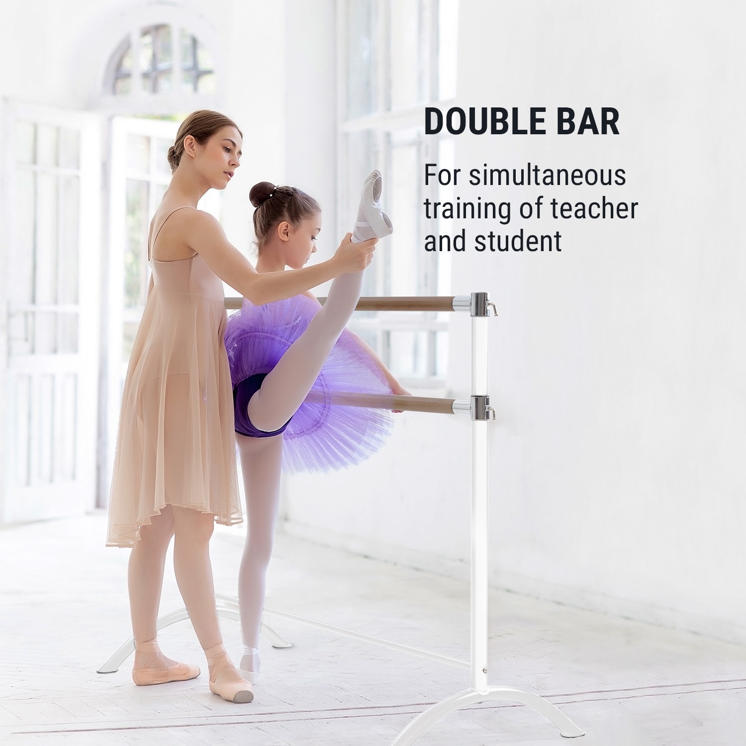 KLARFIT Barre Anna, dvojitá baletná tyč, 110 x 113 cm, 2 x 38 mm Ø, biela