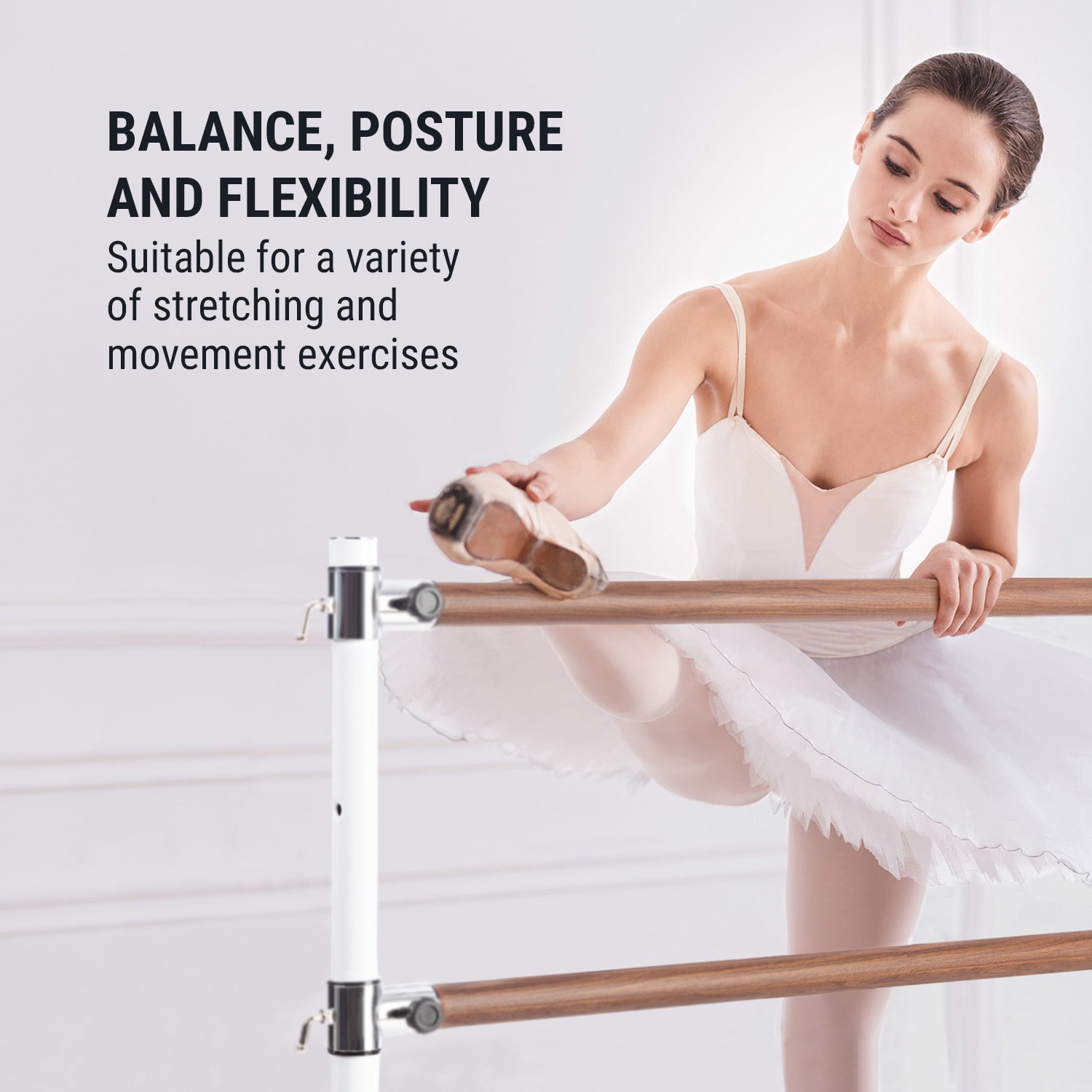 KLARFIT Barre Anna, dvojitá baletná tyč, 110 x 113 cm, 2 x 38 mm Ø, biela – Obrázok 3