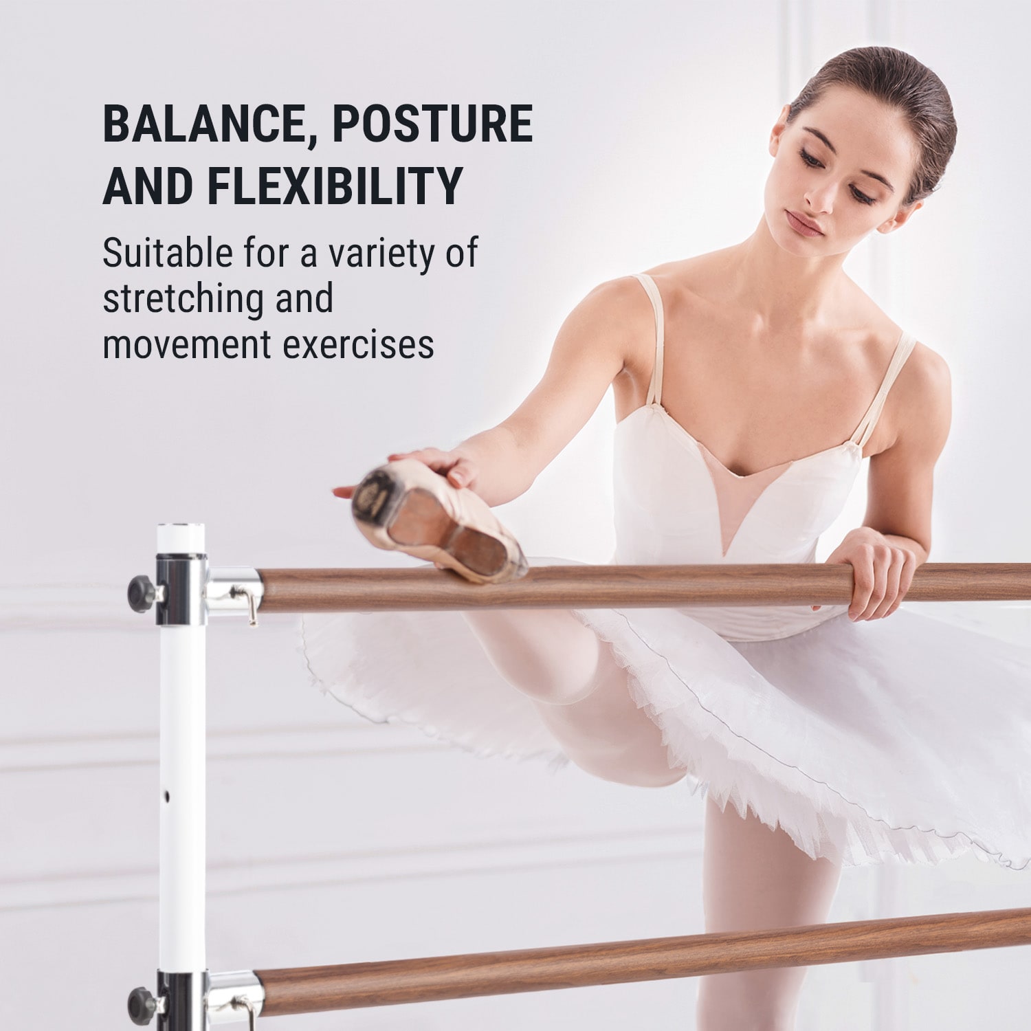 KLARFIT Barre Marie, dvojitá baletná tyč, 220 x 113 cm, 2 x 38 mm Ø, biela – Obrázok 3
