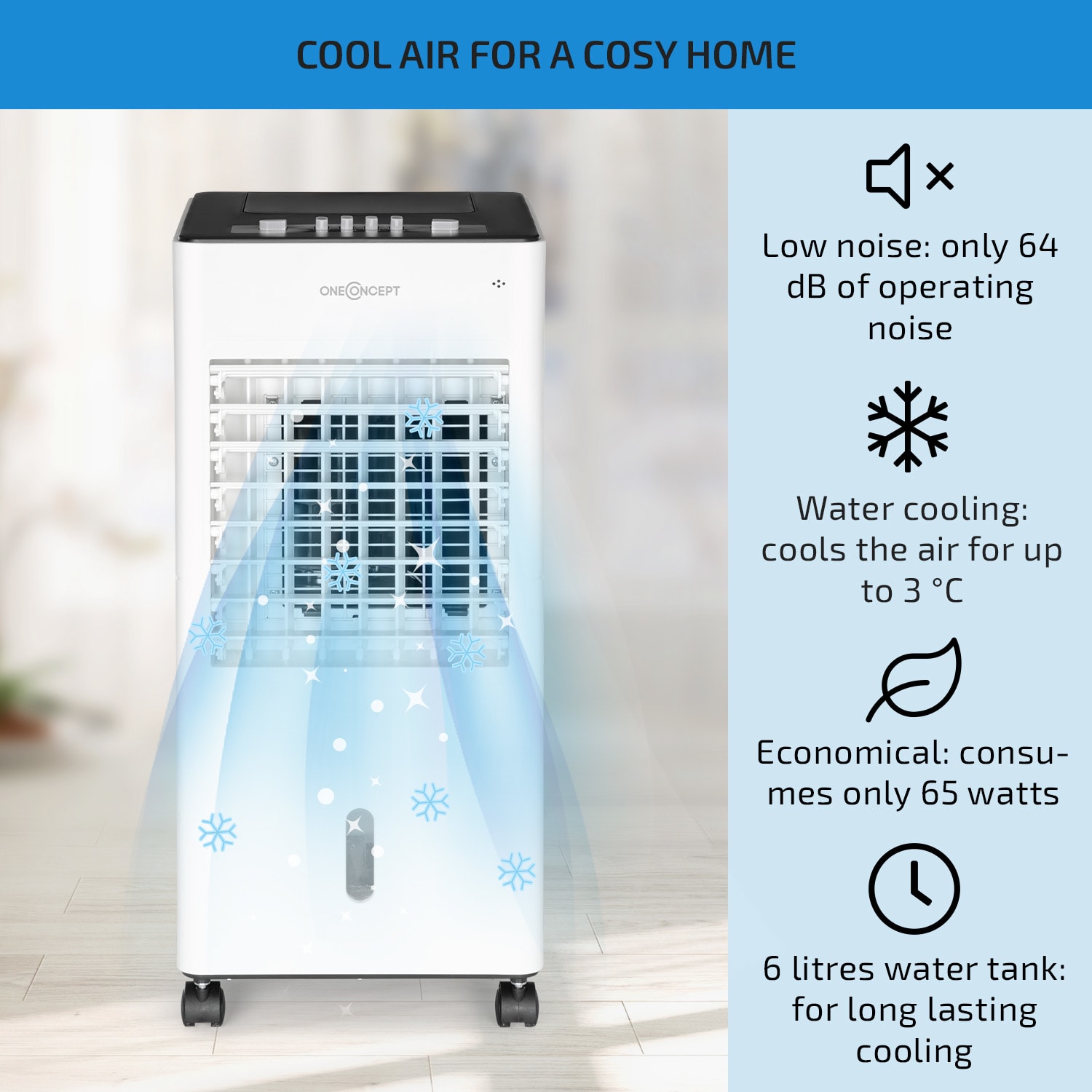 OneConcept Freshboxx, 3 v 1 ochladzovač vzduchu, 65 W, 360 m³/h, 3 úrovne prúdenia vzduchu, biely