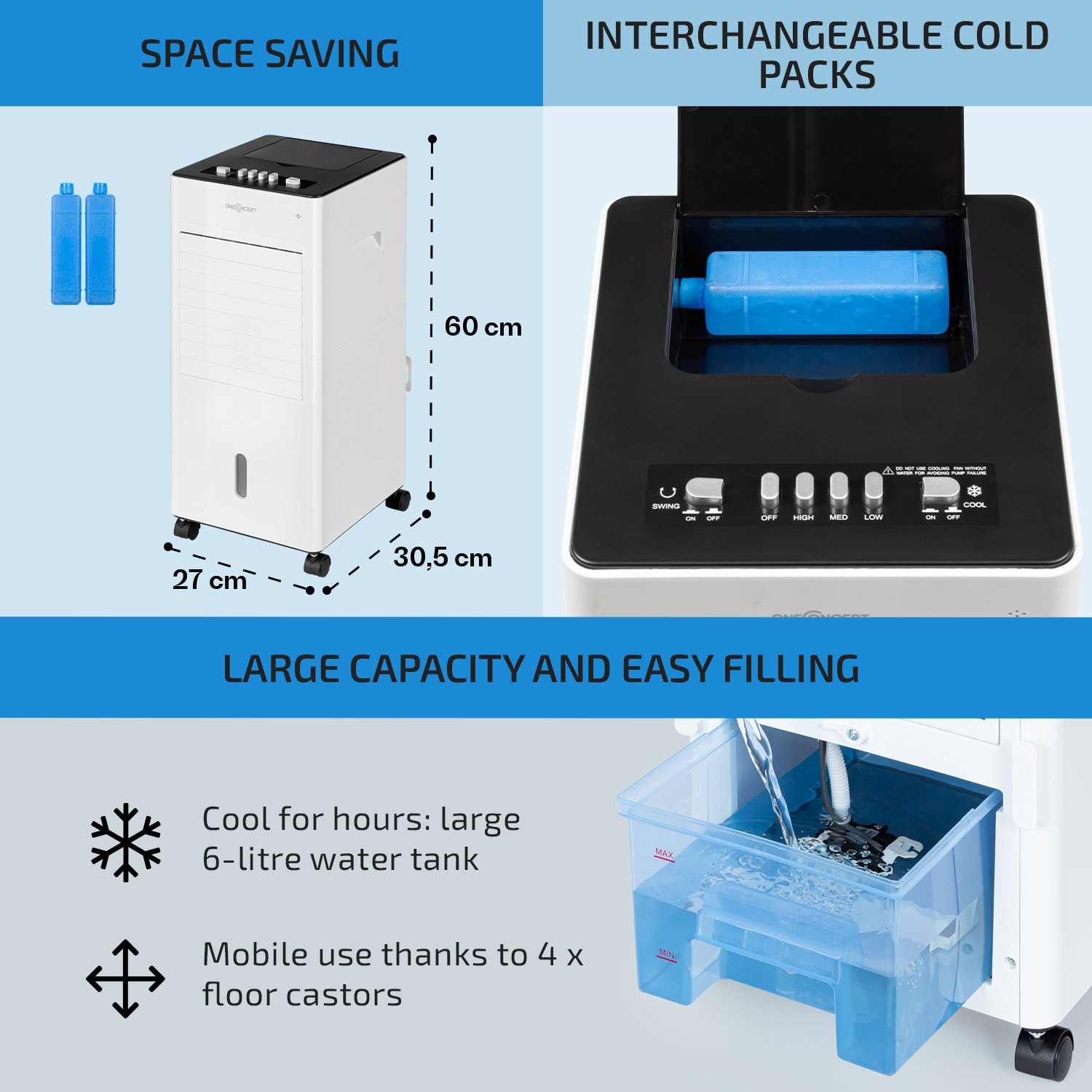 OneConcept Freshboxx, 3 v 1 ochladzovač vzduchu, 65 W, 360 m³/h, 3 úrovne prúdenia vzduchu, biely – Obrázok 5