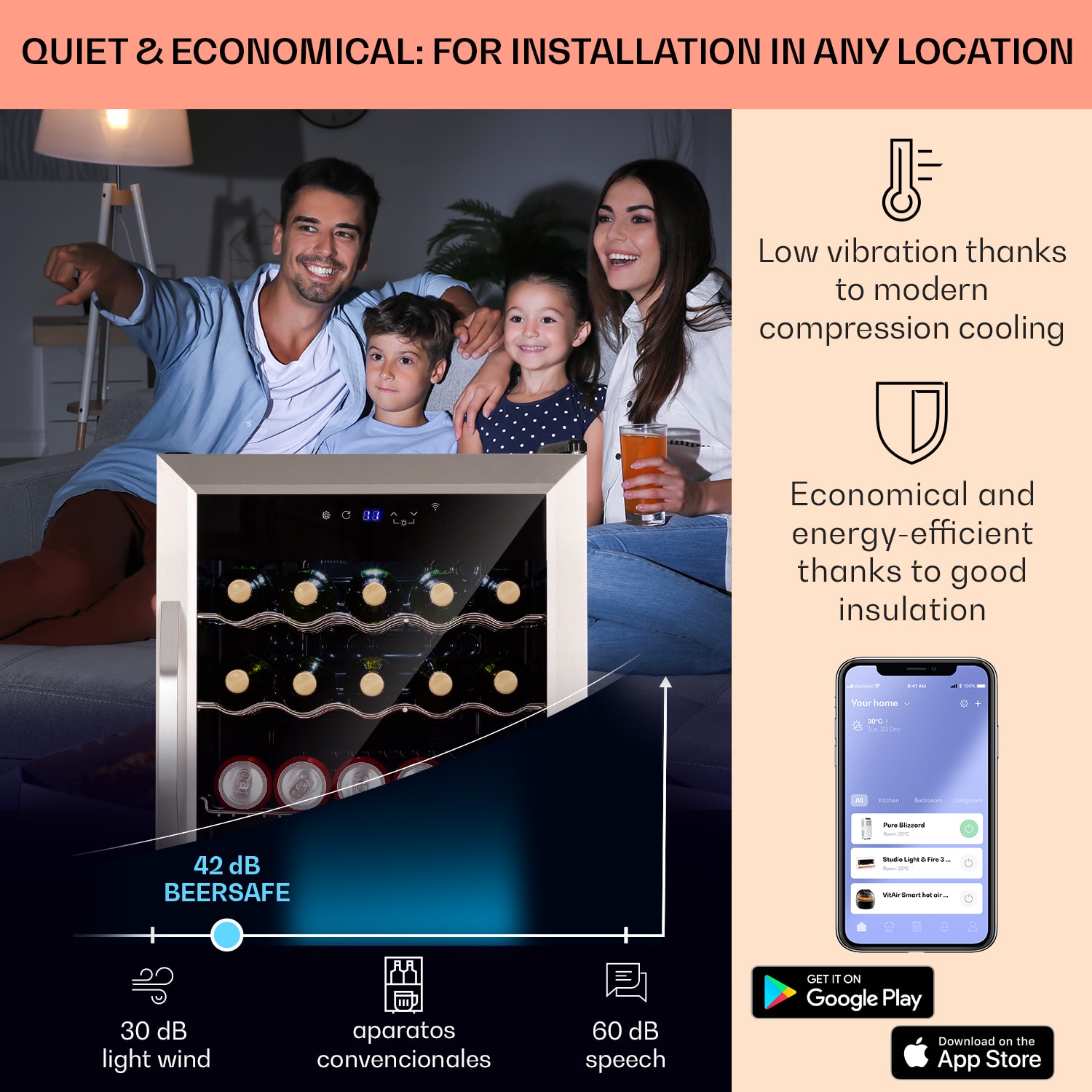 Klarstein Coachella 60, Smart, chladnička, 60 l, funkcia WiFi, podsvietenie. – Obrázok 2