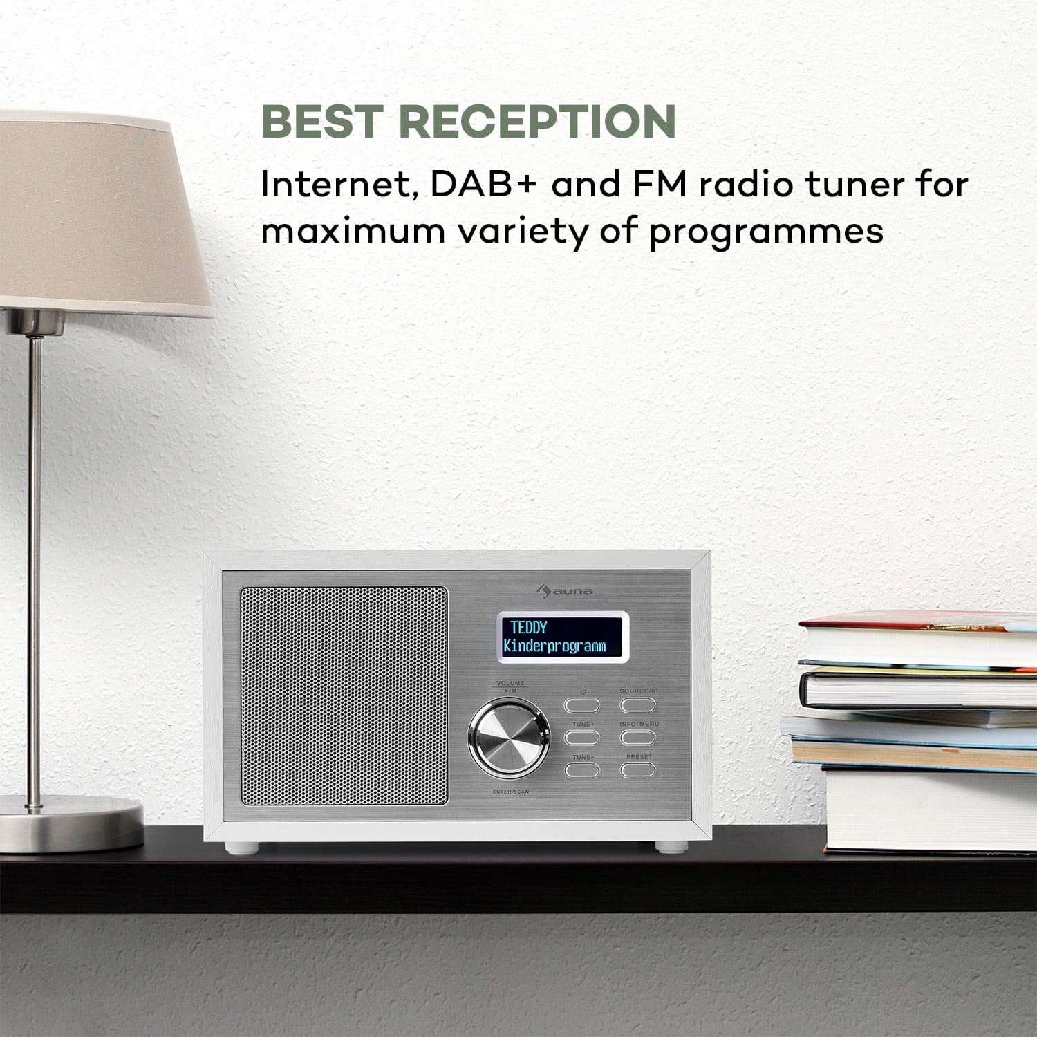 Auna Ambient DAB+/FM, rádio, BT 5.0, AUX vstup, LCD displej, budík, časovač, drevený vzhľad, biele