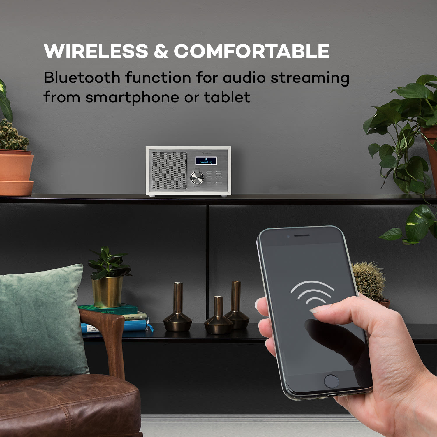 Auna Ambient DAB+/FM, rádio, BT 5.0, AUX vstup, LCD displej, budík, časovač, drevený vzhľad, biele – Obrázok 2