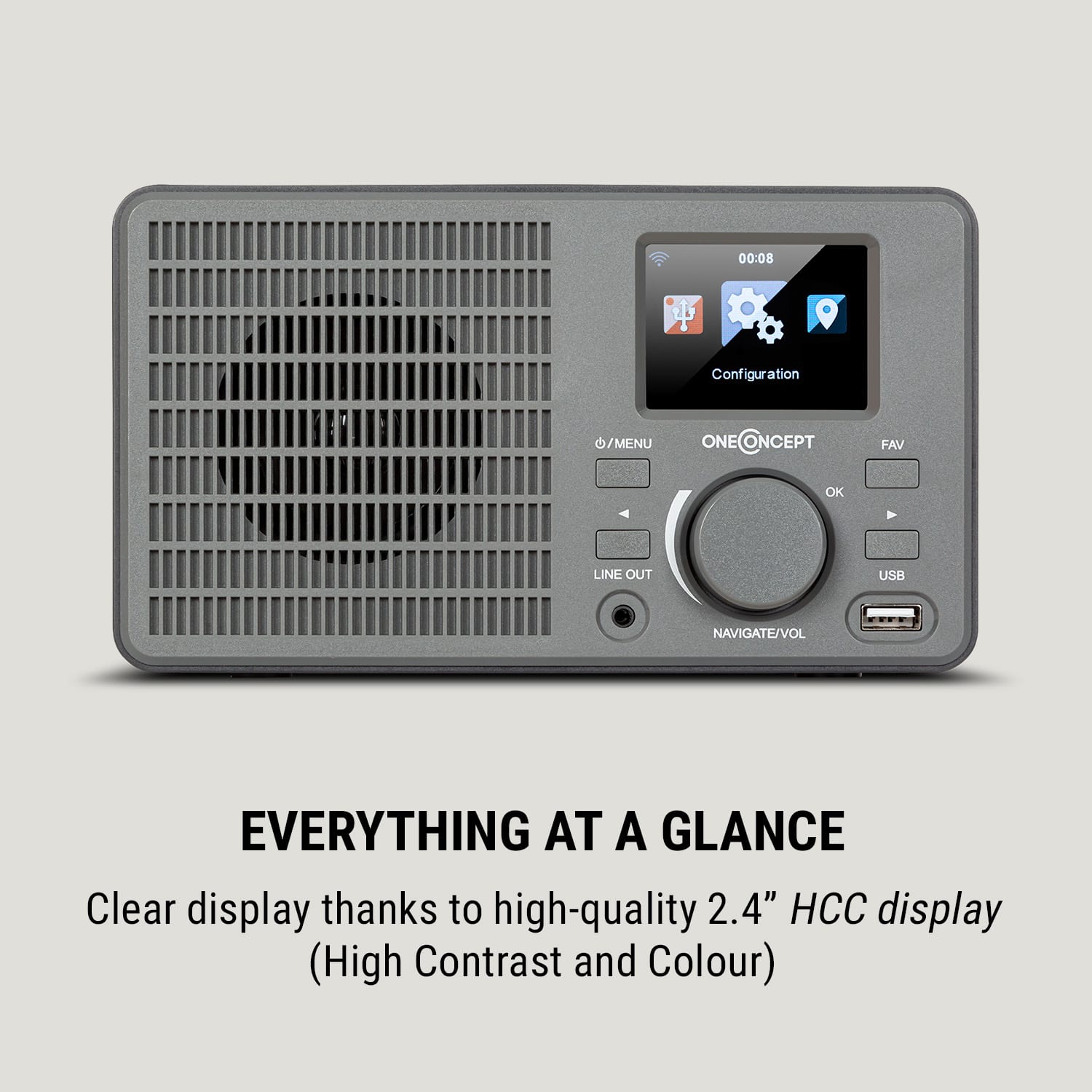 OneConcept TuneUp, internetové rádio, 5 W, WLAN, USB, HCC displej, linkový výstup, tmavosivé – Obrázok 2