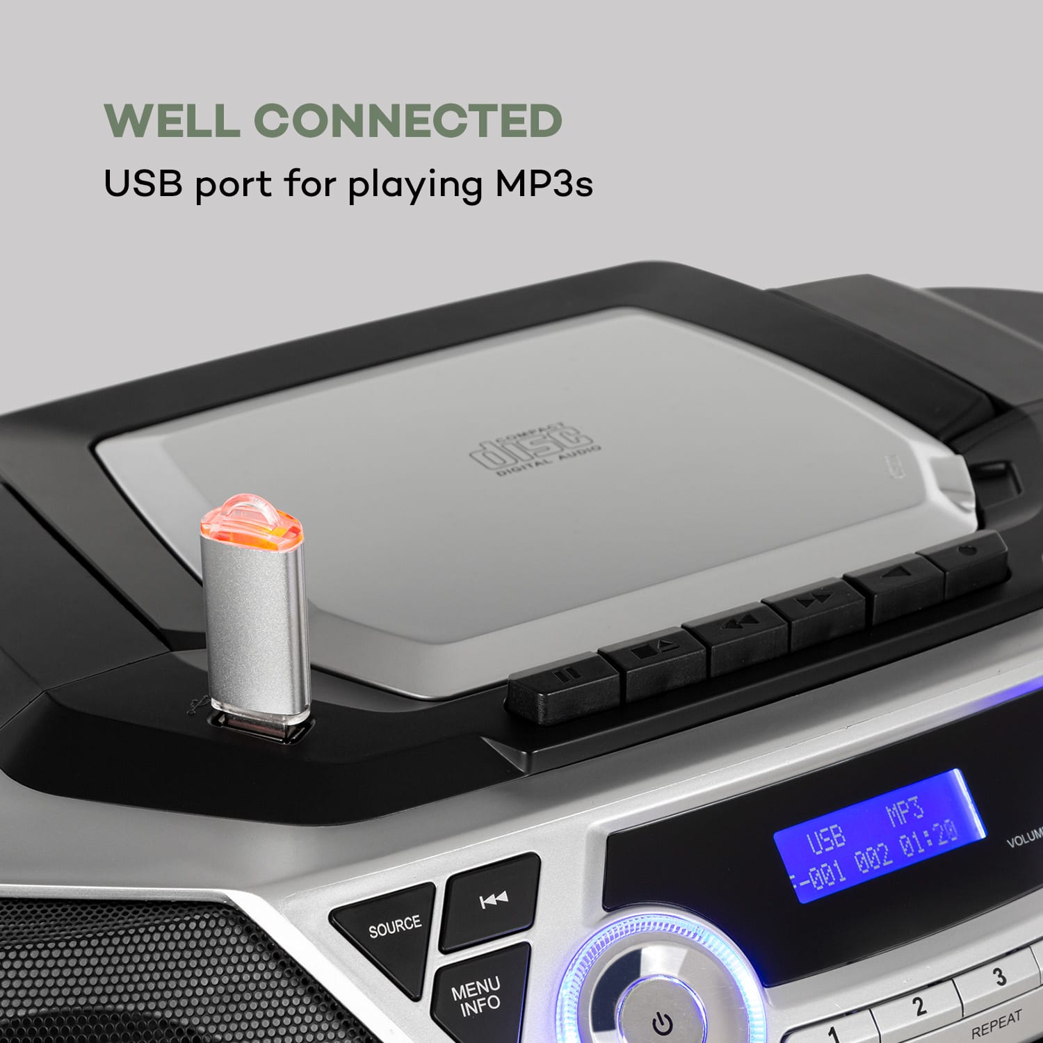 Auna Roadie 2K, boombox, CD prehrávač, kazetové rádio, DAB/DAB+, UKW, bluetooth, strieborný – Obrázok 5