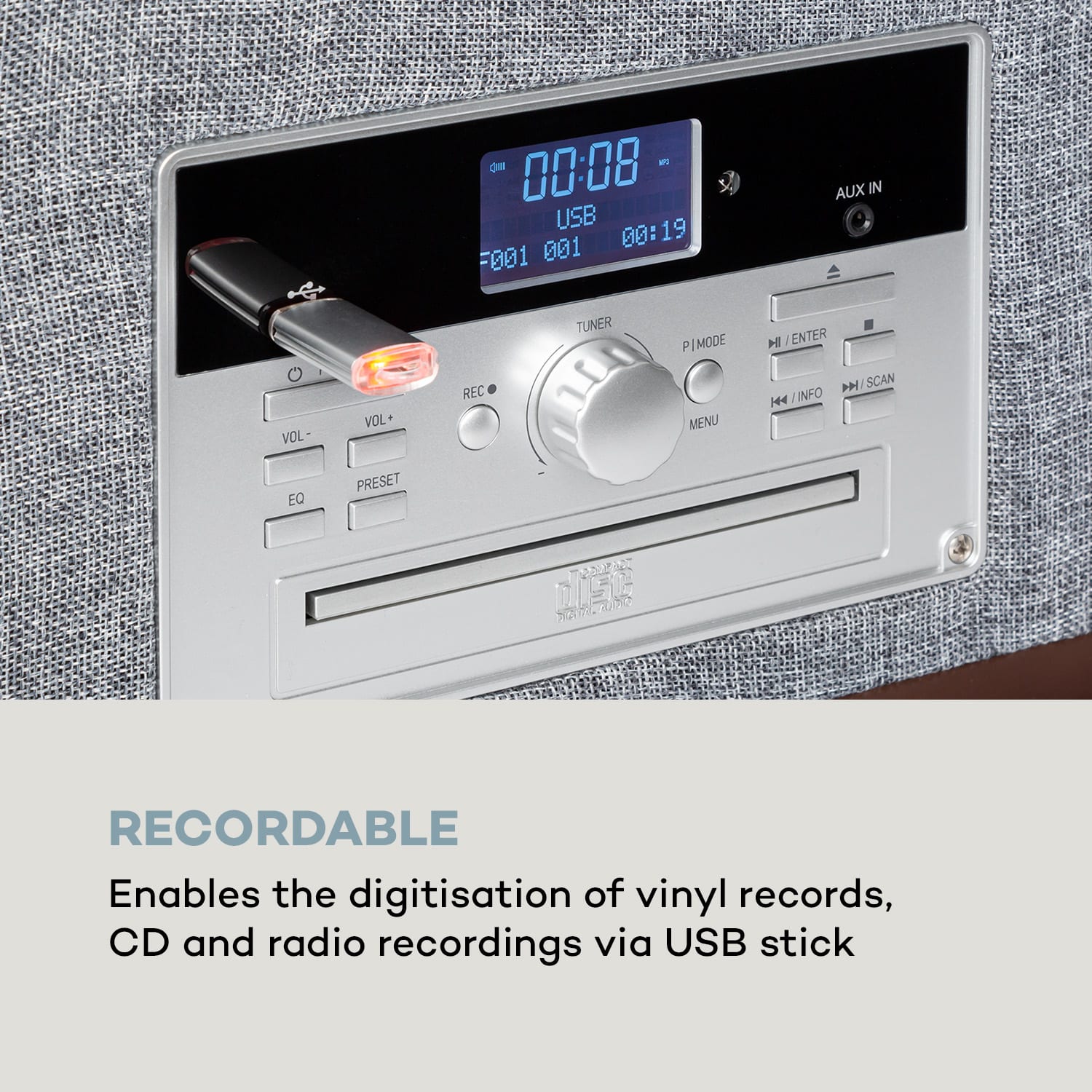 Auna Bella Ann, stereo systém, gramofón, rádio, DAB+/FM, USB, bluetooth, hnedý – Obrázok 5