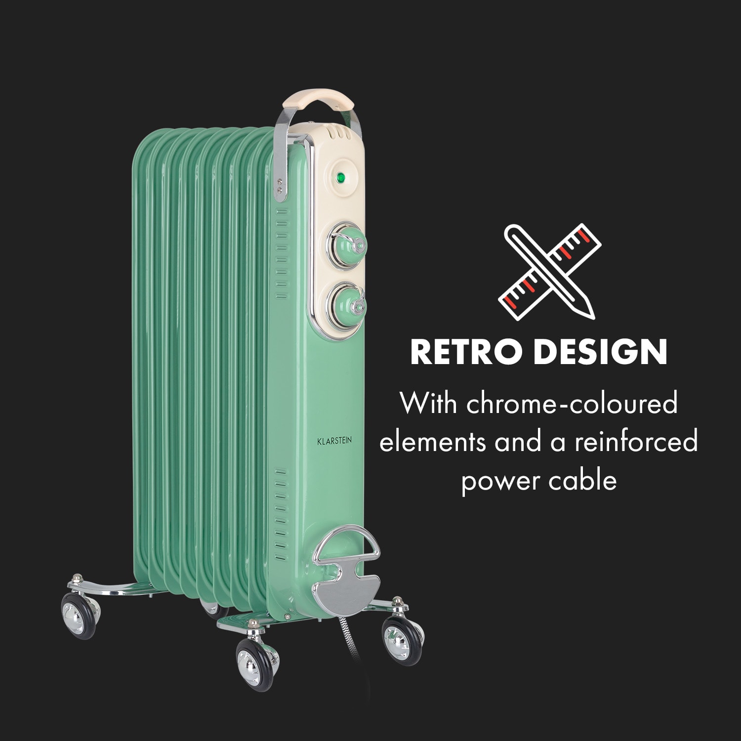 Klarstein Thermaxx Retroheat, olejový radiátor, 2000 W, kolieska, zelený – Obrázok 2