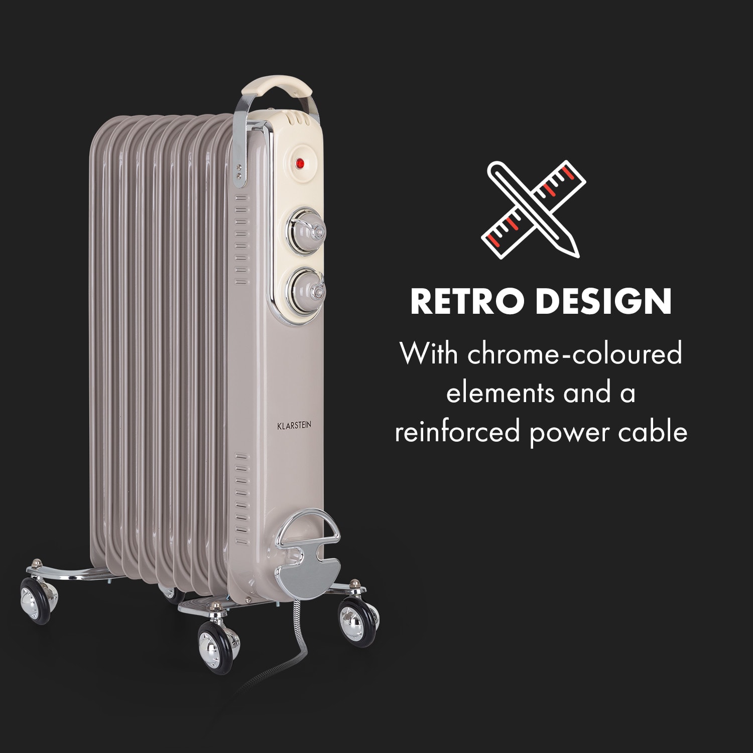 Klarstein Thermaxx Retroheat, olejový radiátor, 2000 W, kolieska, sivohnedý (taupe) – Obrázok 2