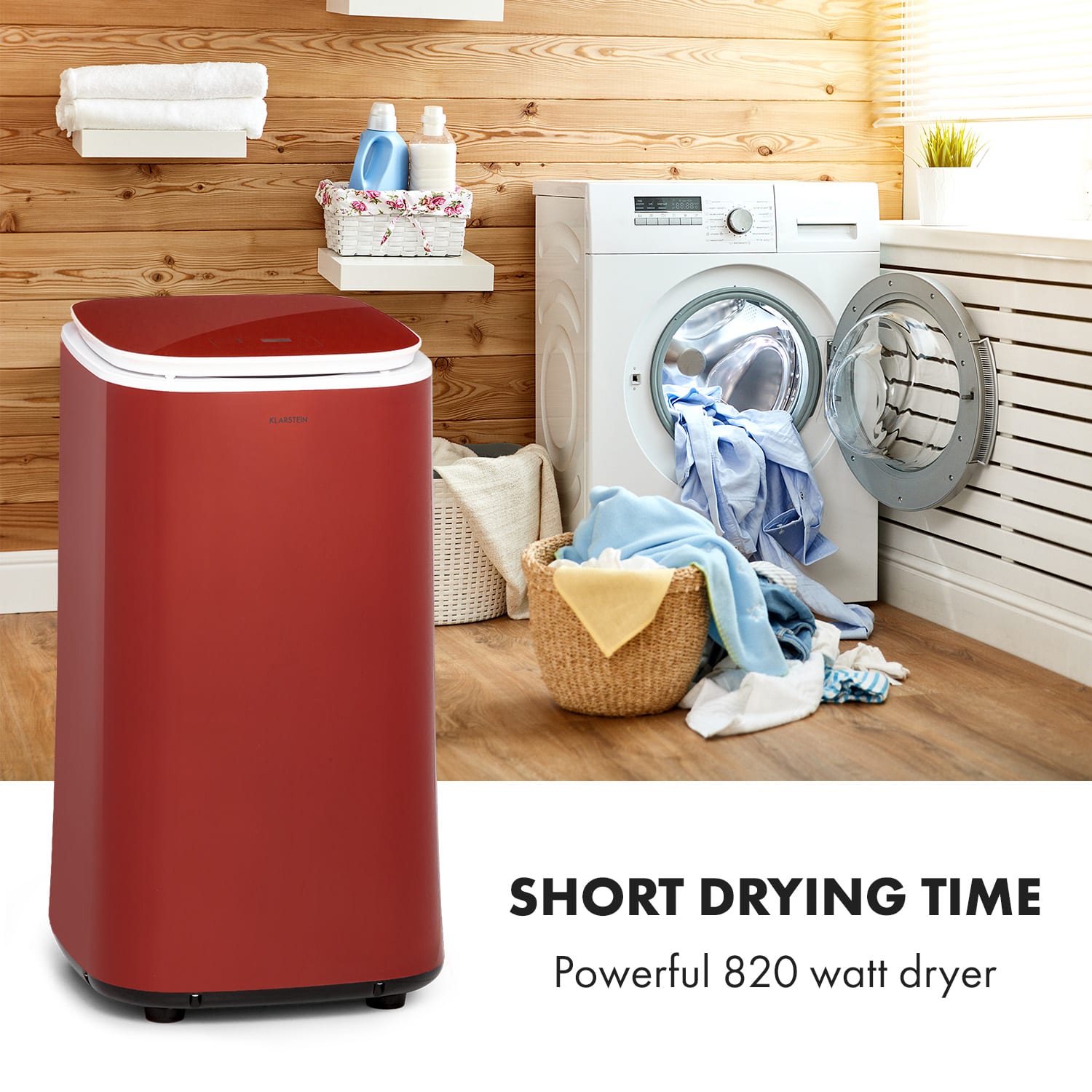 Klarstein Zap Dry, sušička bielizne, 820 W, 50 l, dotykový ovládací panel, LED displej, červená