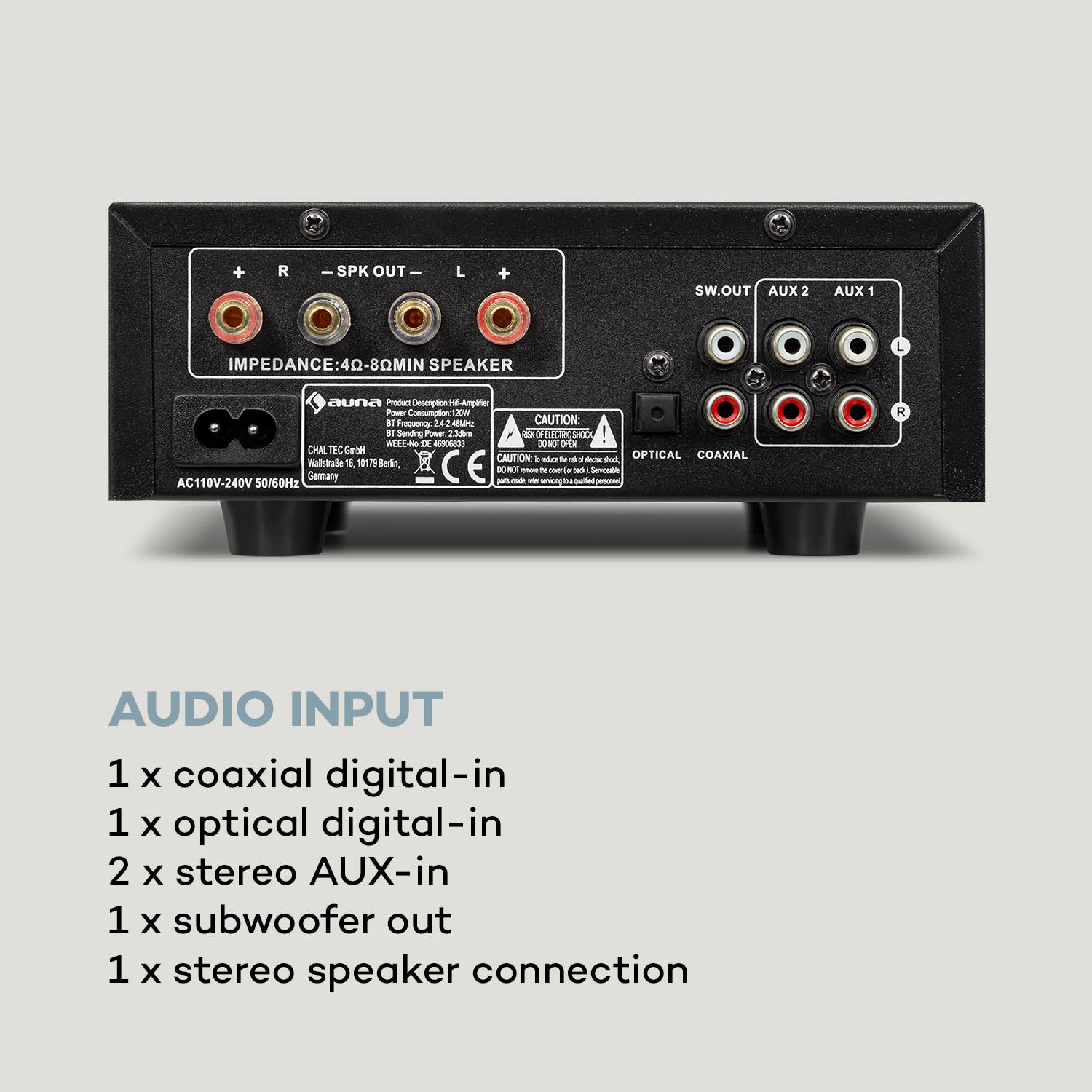 Auna AMP-2 DG, stereo HiFi zosilňovač, 2 x 50 W, RMS, BT/USB, optický & koaxiálny digitálny vstup – Obrázok 5