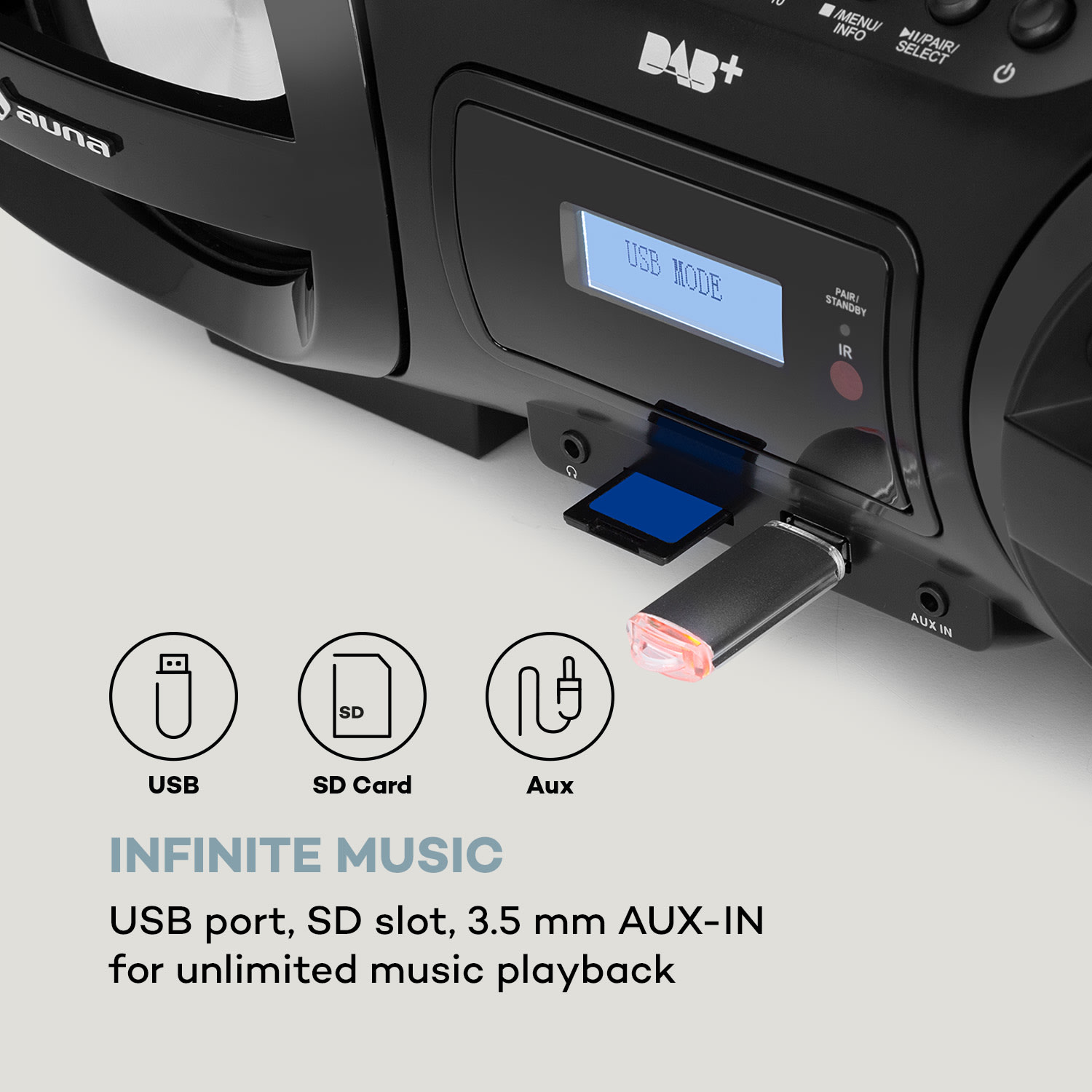 Auna Soundblaster, DAB, Boombox, Bluetooth, CD/MP3/USB/AUX, DAB+/UKW, LED, 50Wmax. – Obrázok 2