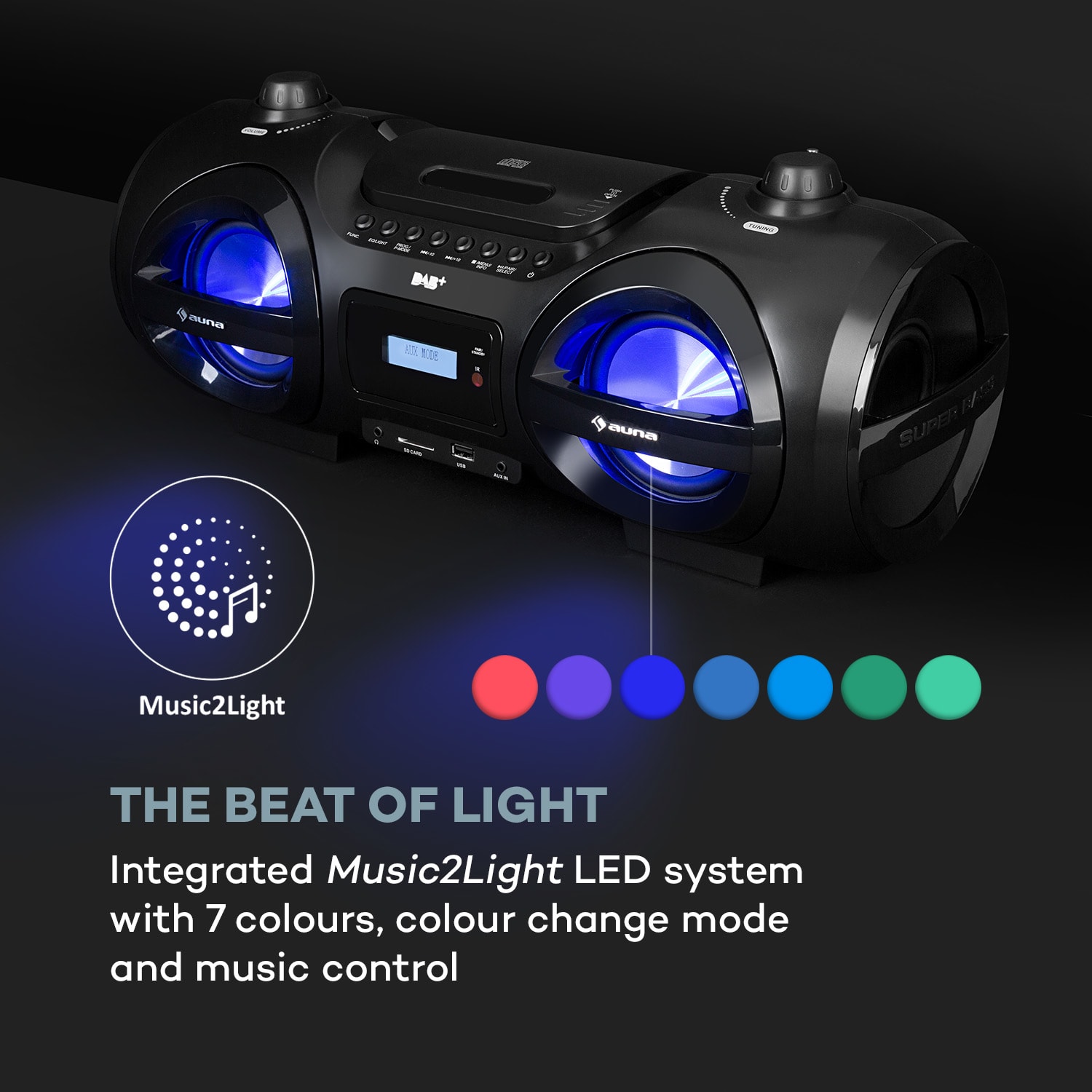 Auna Soundblaster, DAB, Boombox, Bluetooth, CD/MP3/USB/AUX, DAB+/UKW, LED, 50Wmax. – Obrázok 3