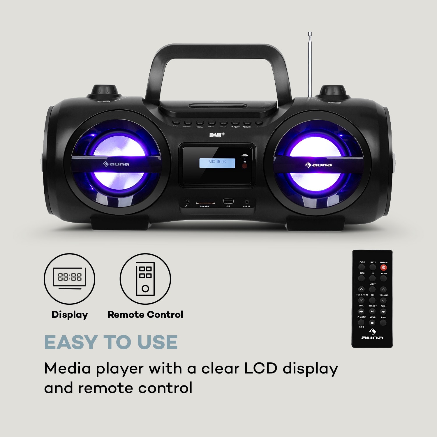Auna Soundblaster, DAB, Boombox, Bluetooth, CD/MP3/USB/AUX, DAB+/UKW, LED, 50Wmax. – Obrázok 4