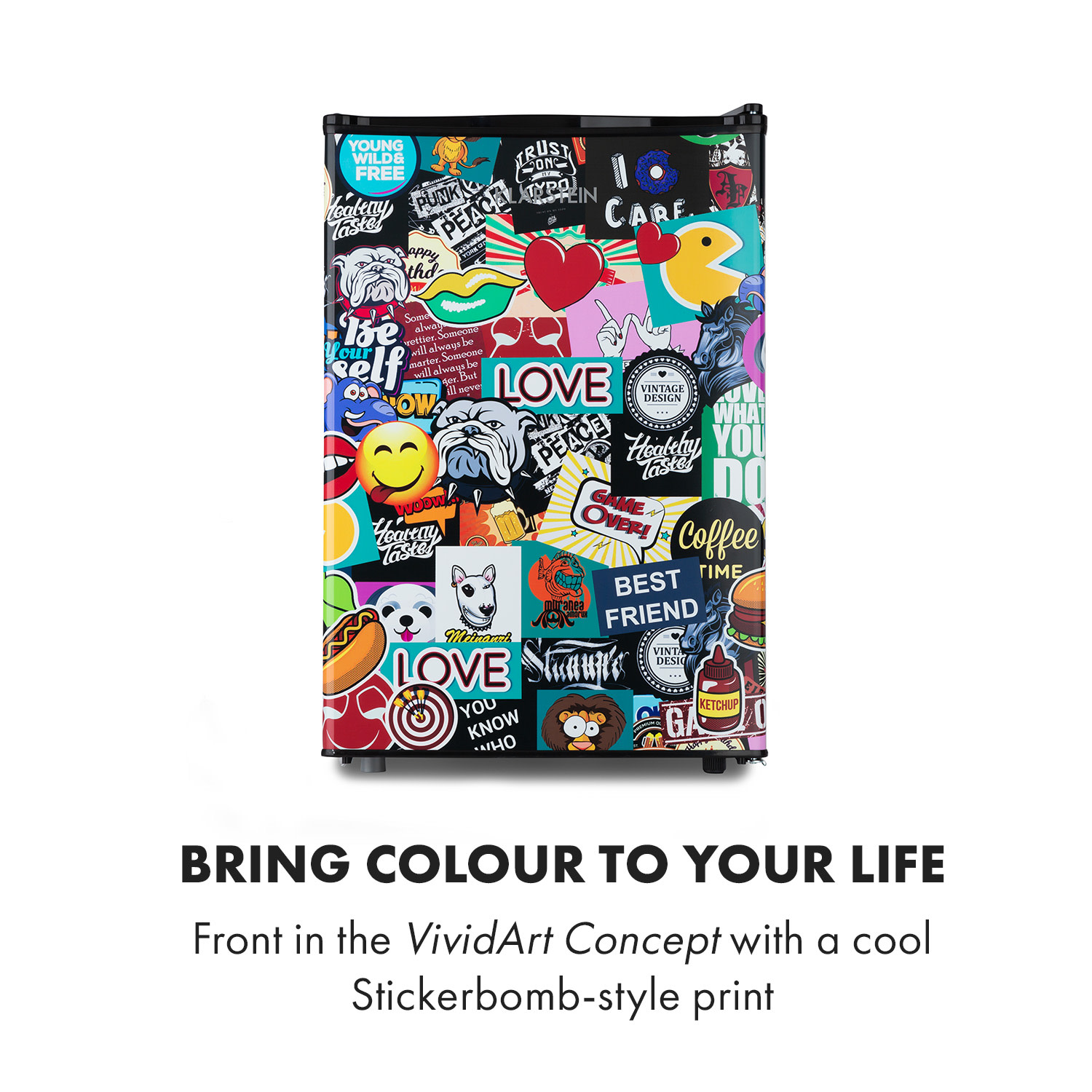 Klarstein Cool Vibe 72+, chladnička, 72 l, energet. trieda F, VividArt Concept, štýl stickerbomb – Obrázok 2