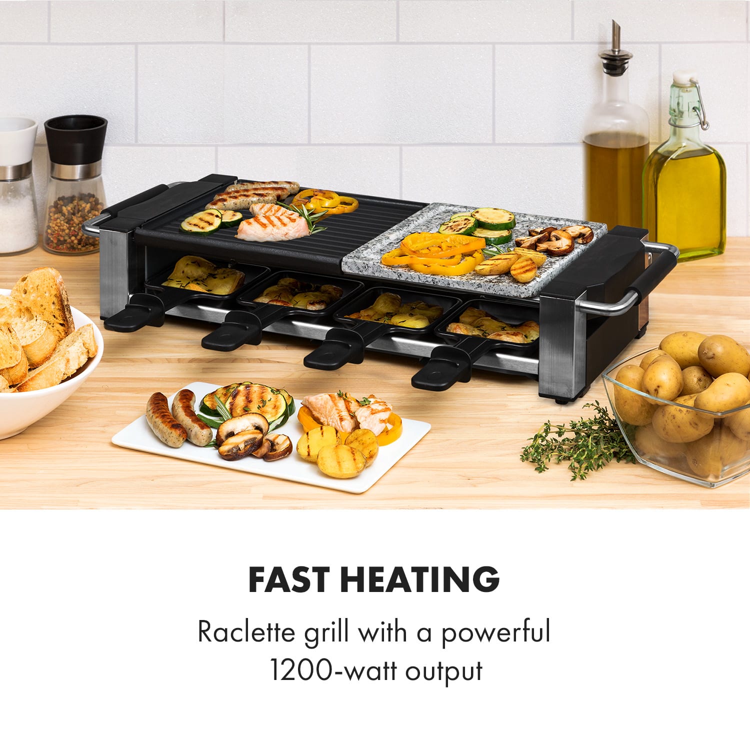 Klarstein Bistecca, raclette gril, 1200 W, kov/kameň, 8 osôb, LED kontrolka