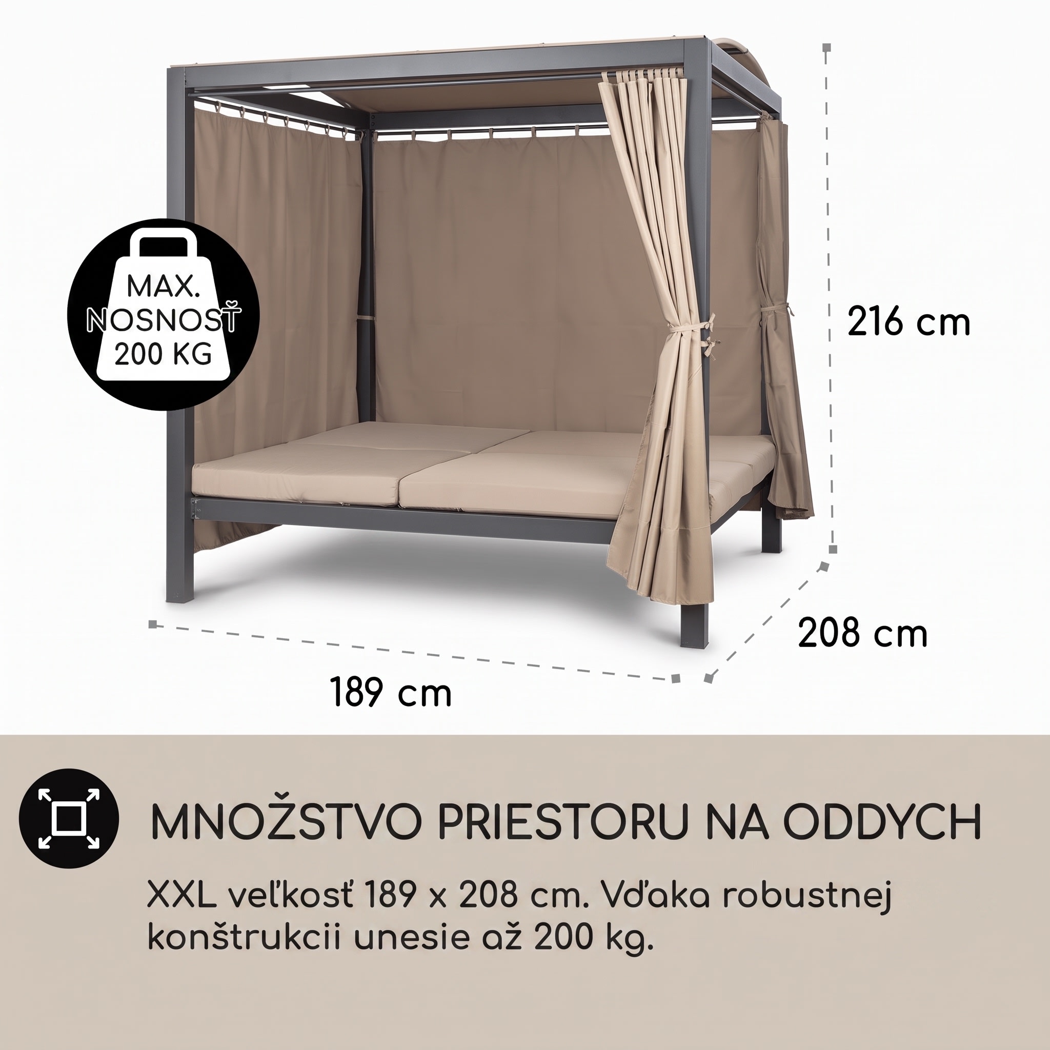 Blumfeldt Eremitage Double XL, ležadlo, pre 2 osoby, oceľový rám, slnečná strecha, závesy – Obrázok 4