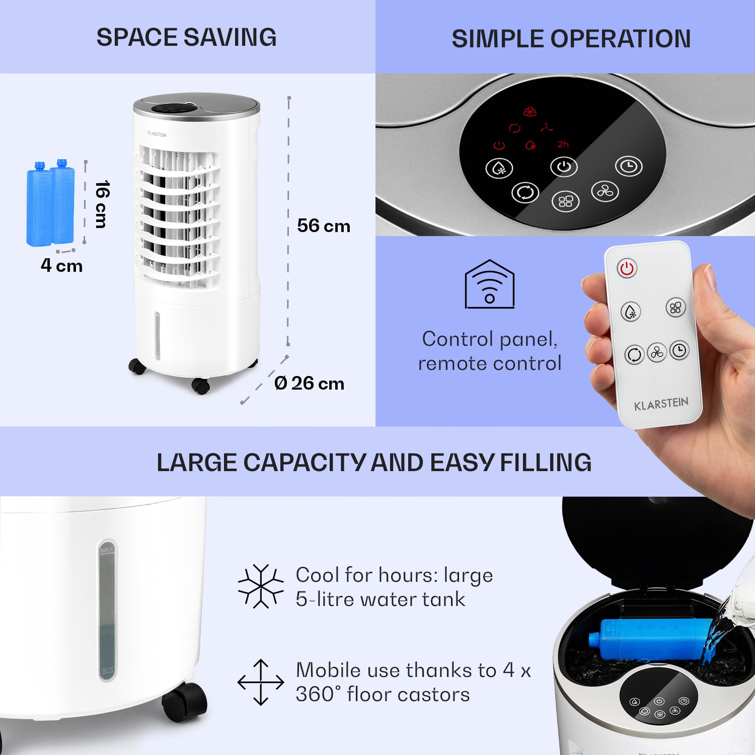 Klarstein Skypillar, 3 v 1 ochladzovač vzduchu, ventilátor, zvlhčovač vzduchu, 5 l, diaľkový ovládač – Obrázok 5