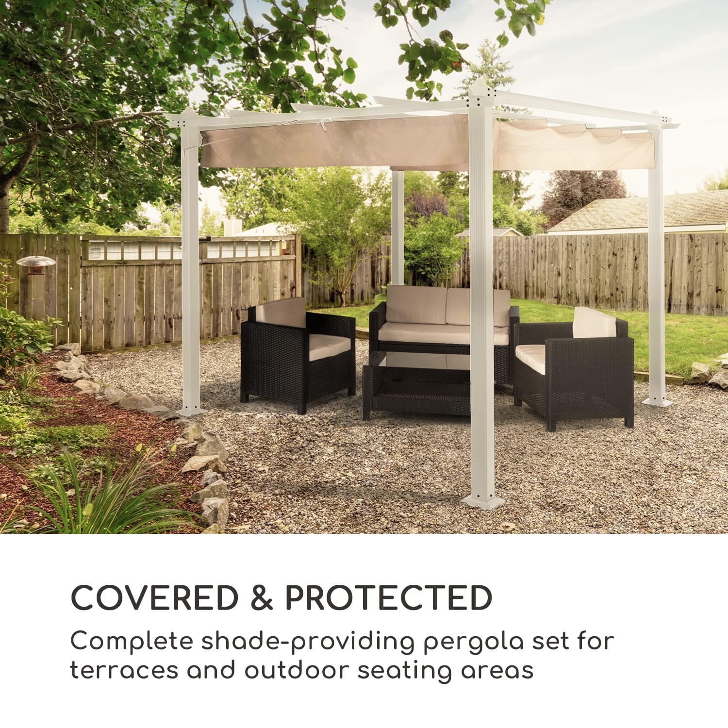 Blumfeldt Pantheon, pergola, hliníková štvorhranná rúrka, 3 × 3 m, 4 rohové stĺpiky, nepremokavá