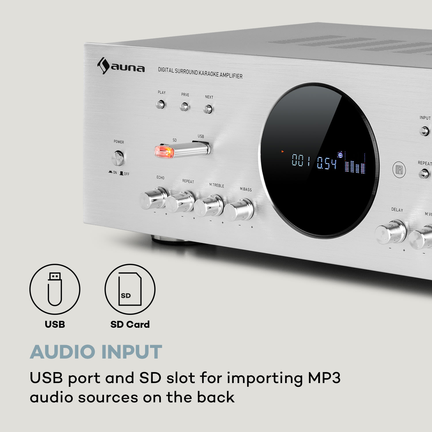 Auna AMP-218 BT, Digital-Surround zosilňovač, 5.1, 2 x 120W, 3 x 50W, RMS, BT, 2 x mikro – Obrázok 4