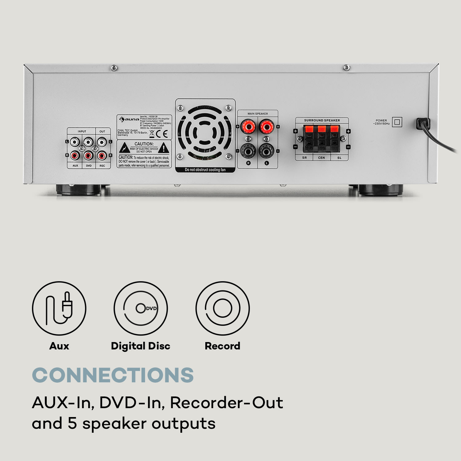 Auna AMP-218 BT, Digital-Surround zosilňovač, 5.1, 2 x 120W, 3 x 50W, RMS, BT, 2 x mikro – Obrázok 5