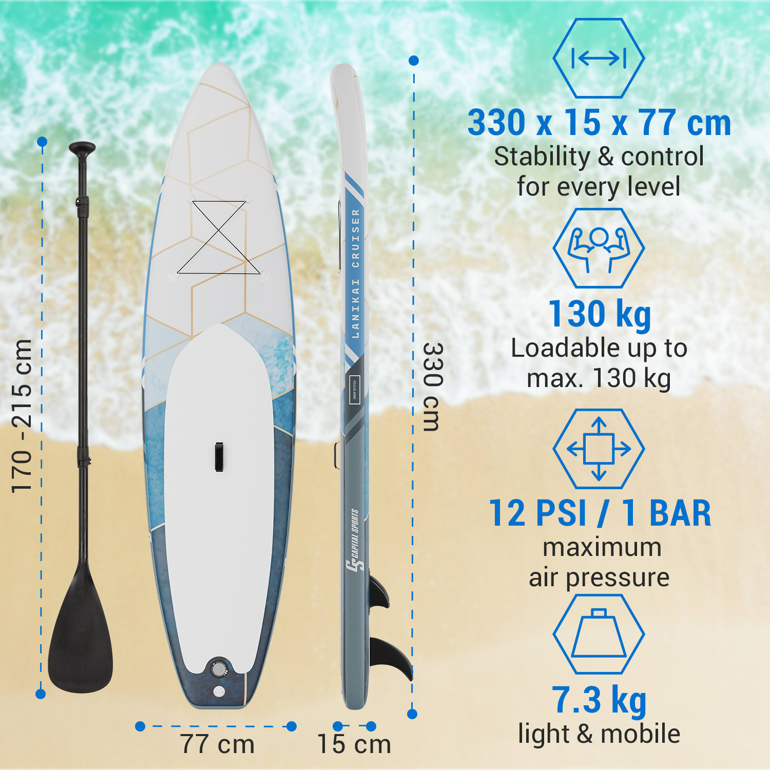 Capital Sports Lanikai Cruiser 10.8, nafukovací paddelboard, súprava so SUP doskou, 330 × 77 × 15 – Obrázok 5