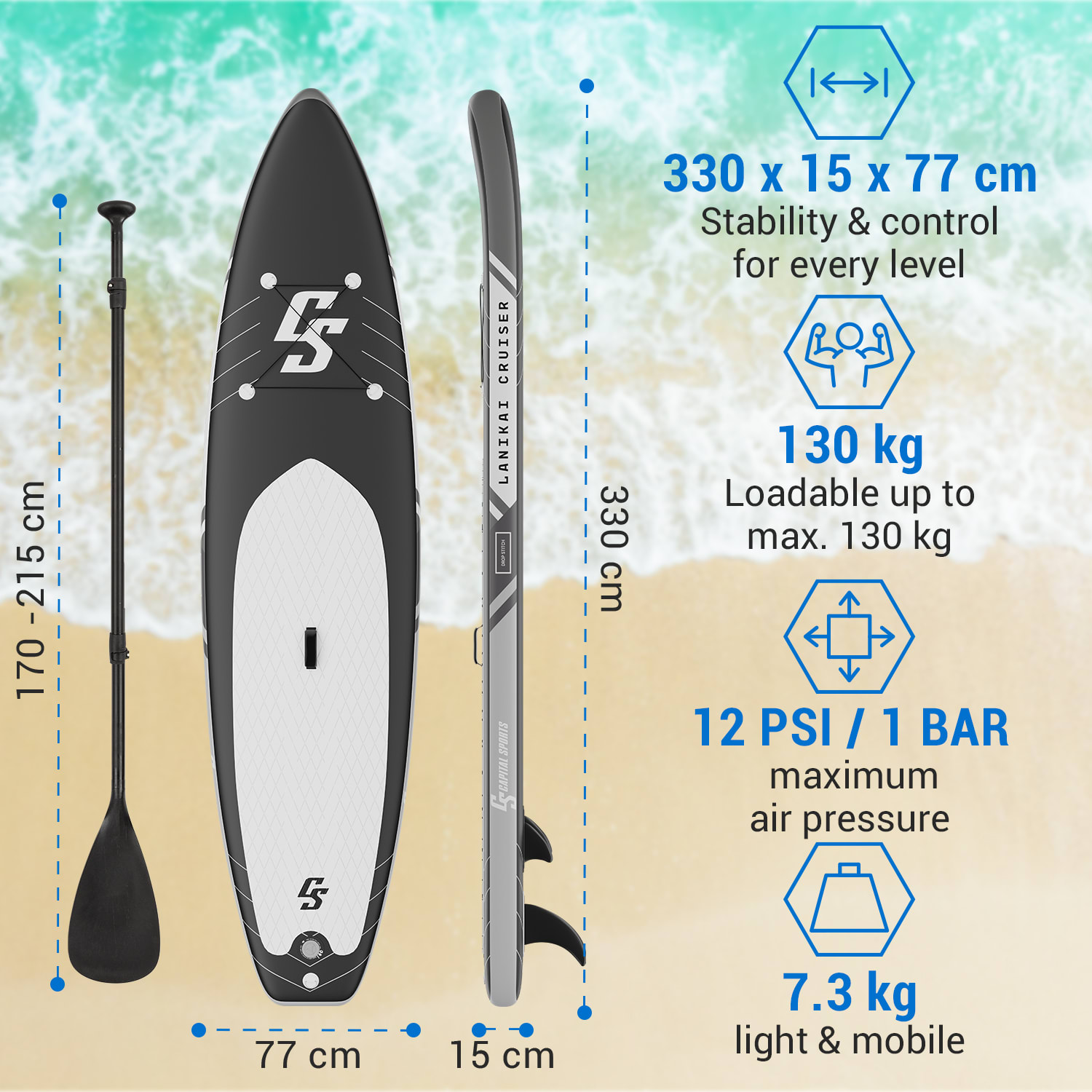 Capital Sports Lanikai Cruiser 10.8, nafukovací paddelboard, súprava so SUP doskou, 330 × 77 × 15 – Obrázok 5