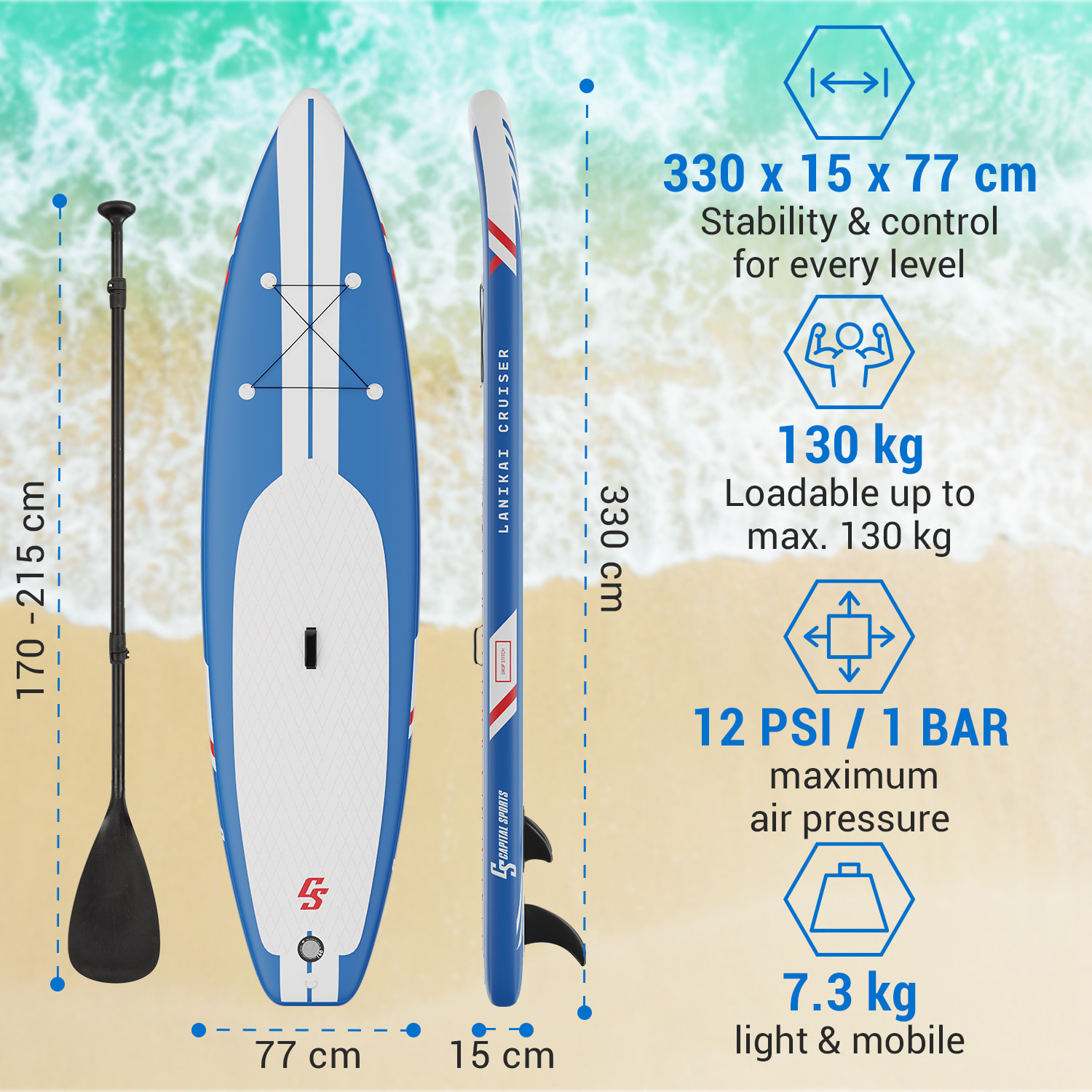Capital Sports Lanikai Cruiser 10.8, nafukovací paddelboard, súprava so SUP doskou, 330 × 77 × 15 – Obrázok 5