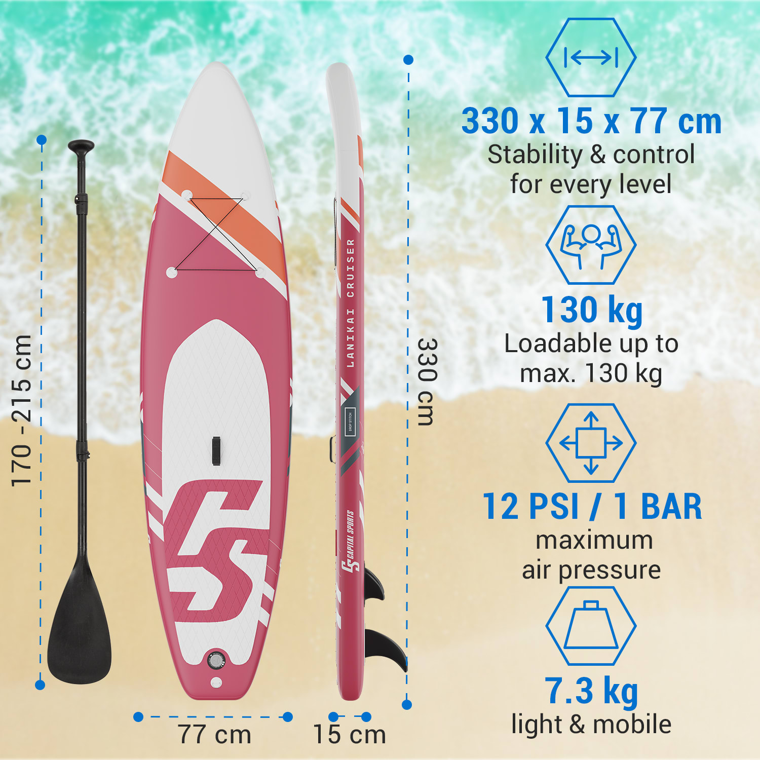 Capital Sports Lanikai Cruiser 10.8, nafukovací paddelboard, súprava so SUP doskou, 330 × 77 × 15 – Obrázok 5