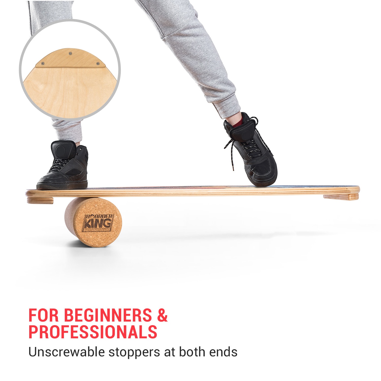 BoarderKING Indoorboard Allrounder, balančná doska, podložka, valec, drevo/korok – Obrázok 5