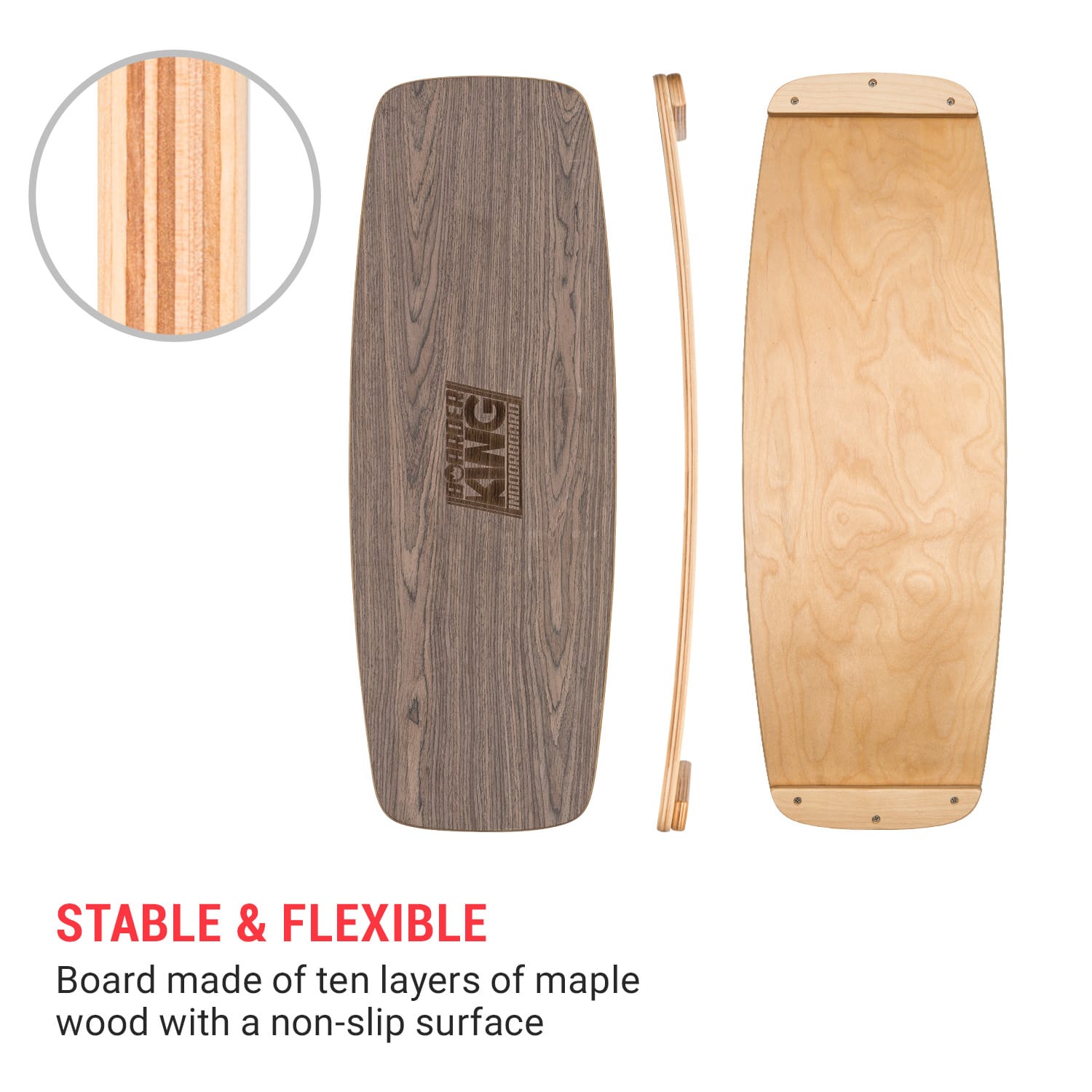BoarderKING Indoorboard Curved, balančná doska, podložka, valec, drevo/korok – Obrázok 2