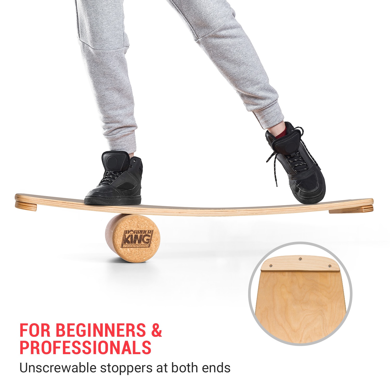 BoarderKING Indoorboard Curved, balančná doska, podložka, valec, drevo/korok – Obrázok 5