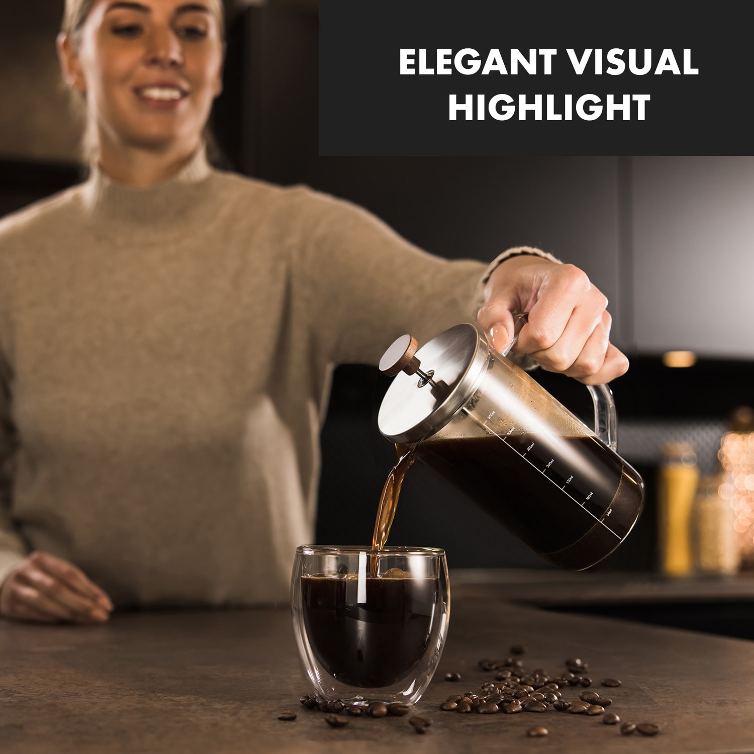 Klarstein Glaswerk Ristretto, french press, 0,35 l, borosilikátové sklo, nehrdzavejúca oceľ, orechové drevo – Obrázok 3