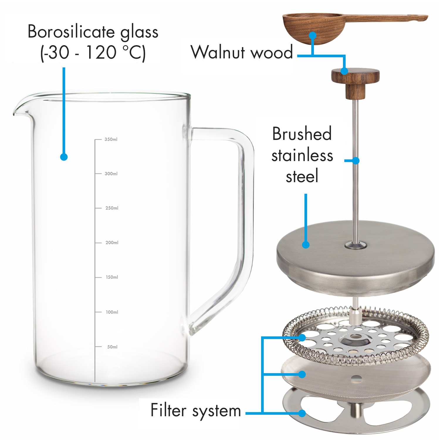 Klarstein Glaswerk Ristretto, french press, 0,35 l, borosilikátové sklo, nehrdzavejúca oceľ, orechové drevo – Obrázok 4