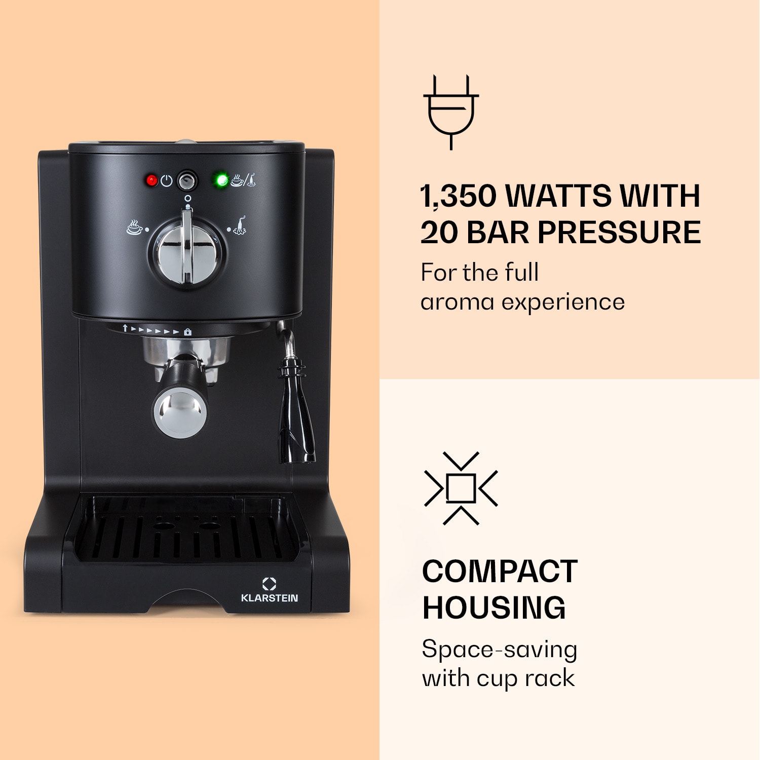 Klarstein Passionata 20, pákový kávovar, 1350 W, 20 bar, 1,25 l, 6 šálok, napeňovač mlieka – Obrázok 2