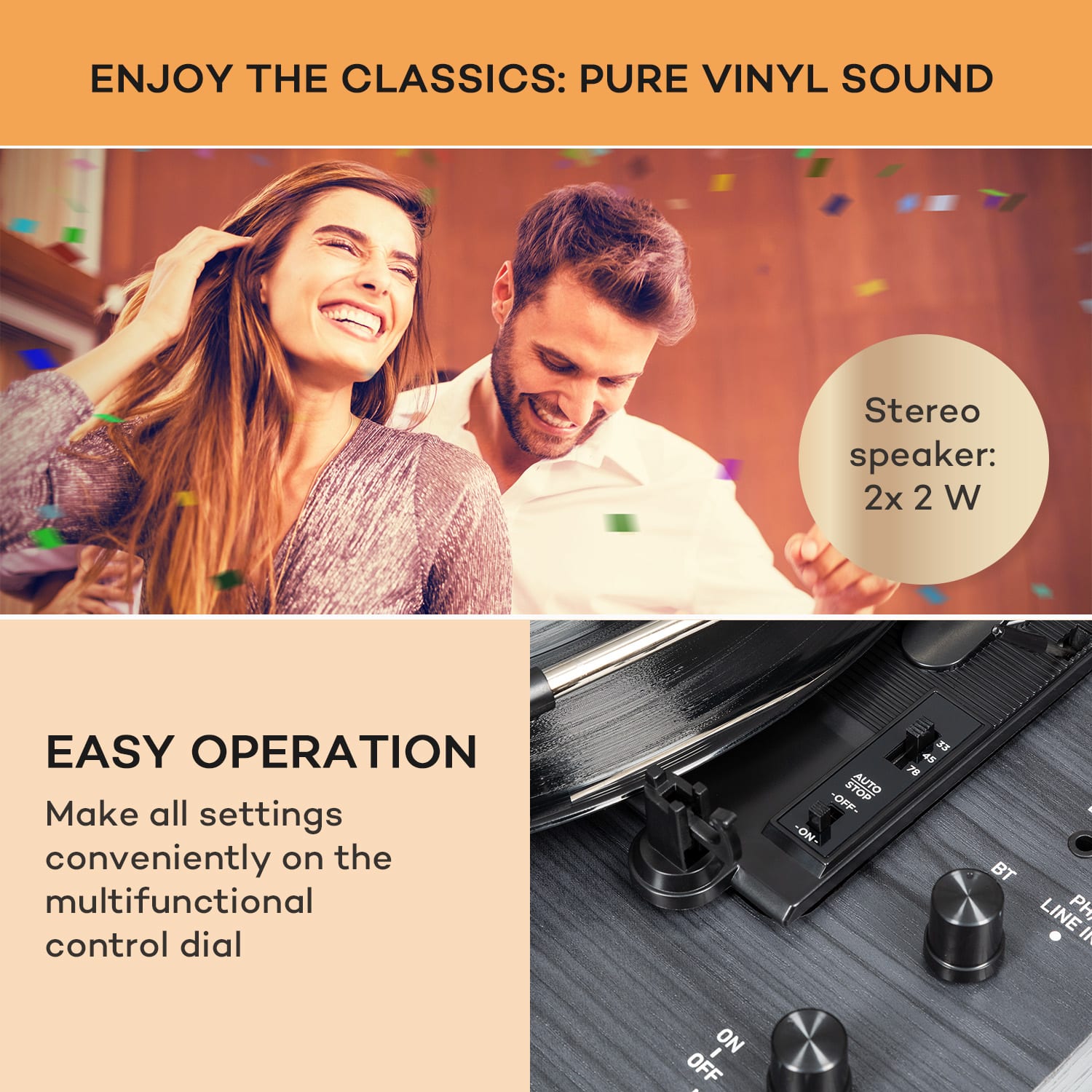 auna TT-Classic Chrono, gramofón, kryt proti prachu, Bluetooth, vrátane reproduktorov, 33/45/78 otáčok/minútu – Obrázok 2